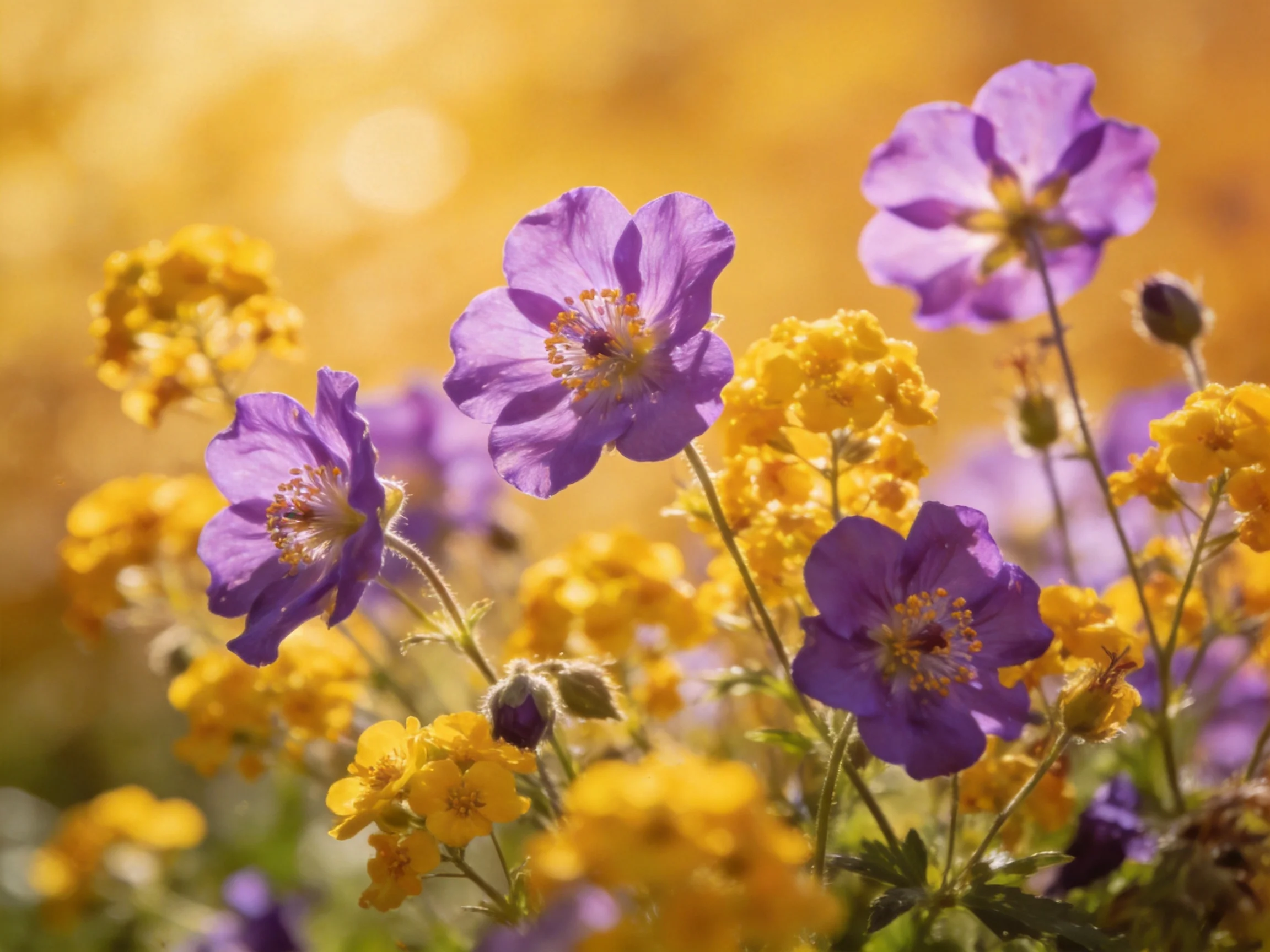 Vibrant field of purple and yellow wildflowers bathed in golden sunlight