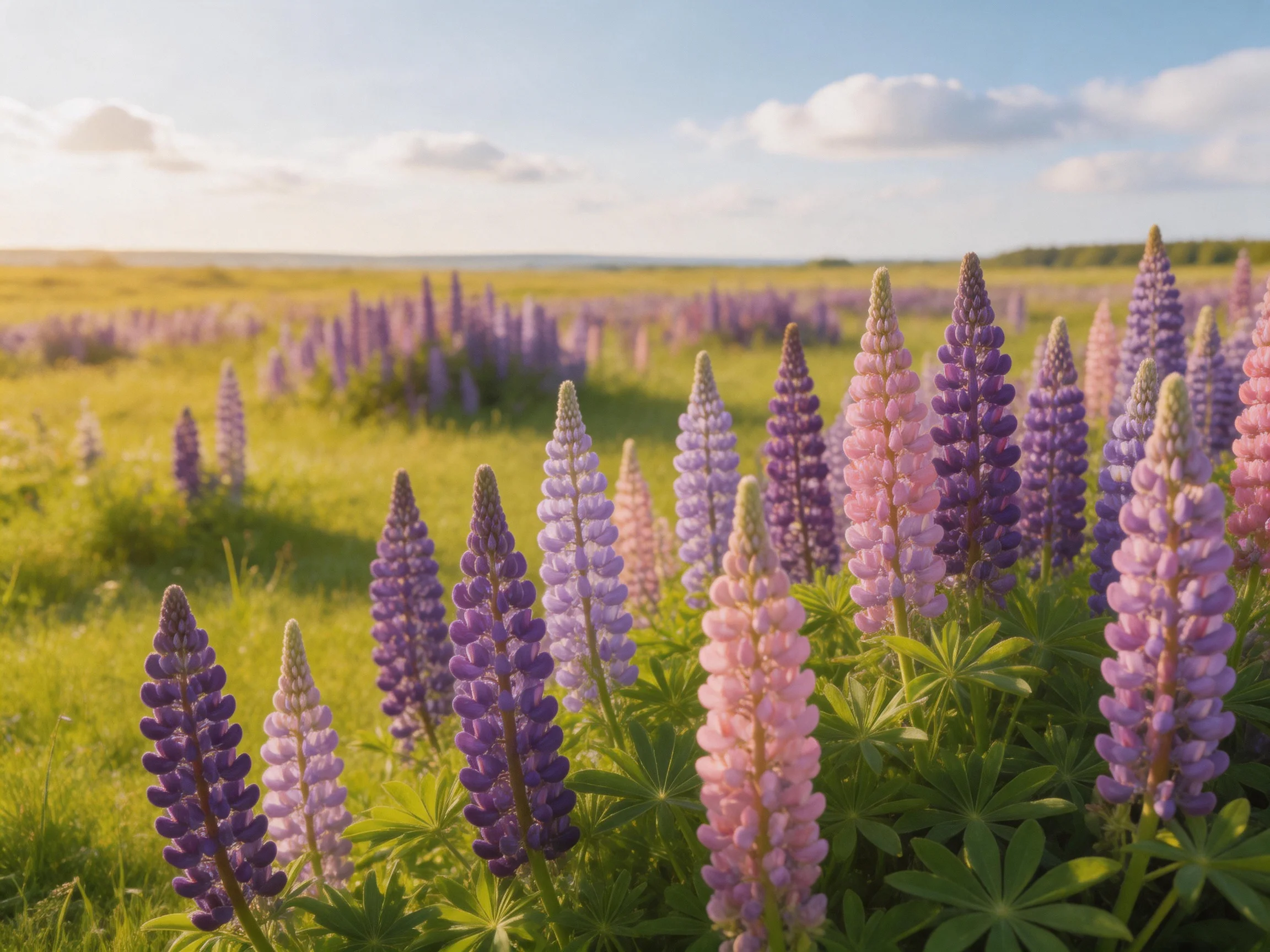 Vibrant field of purple, pink, and lavender lupines stretching into the distance