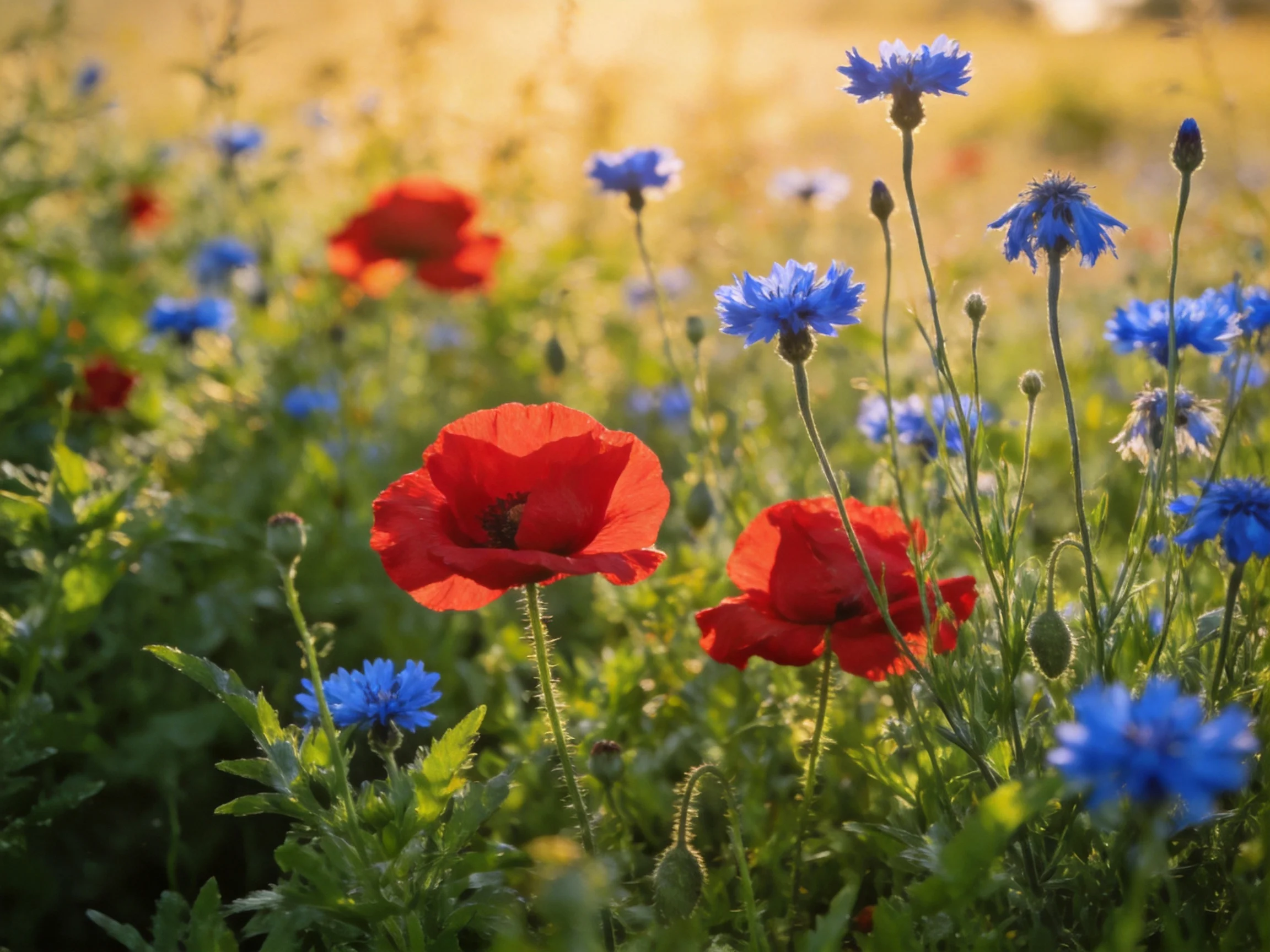 Vibrant field of red poppies and blue cornflowers bathed in golden light