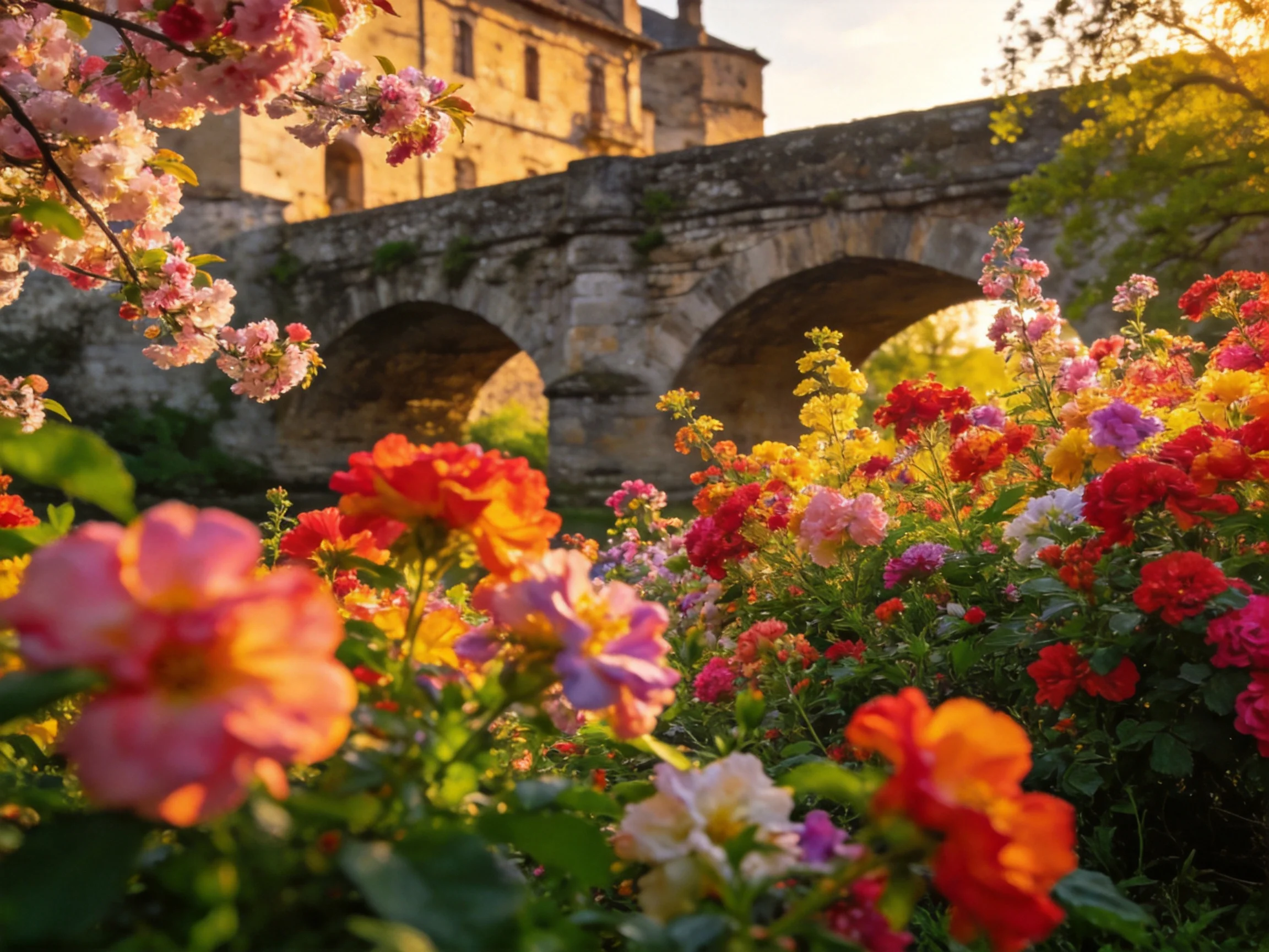 Vibrant flower beds bloom near an ancient stone bridge with historic architecture