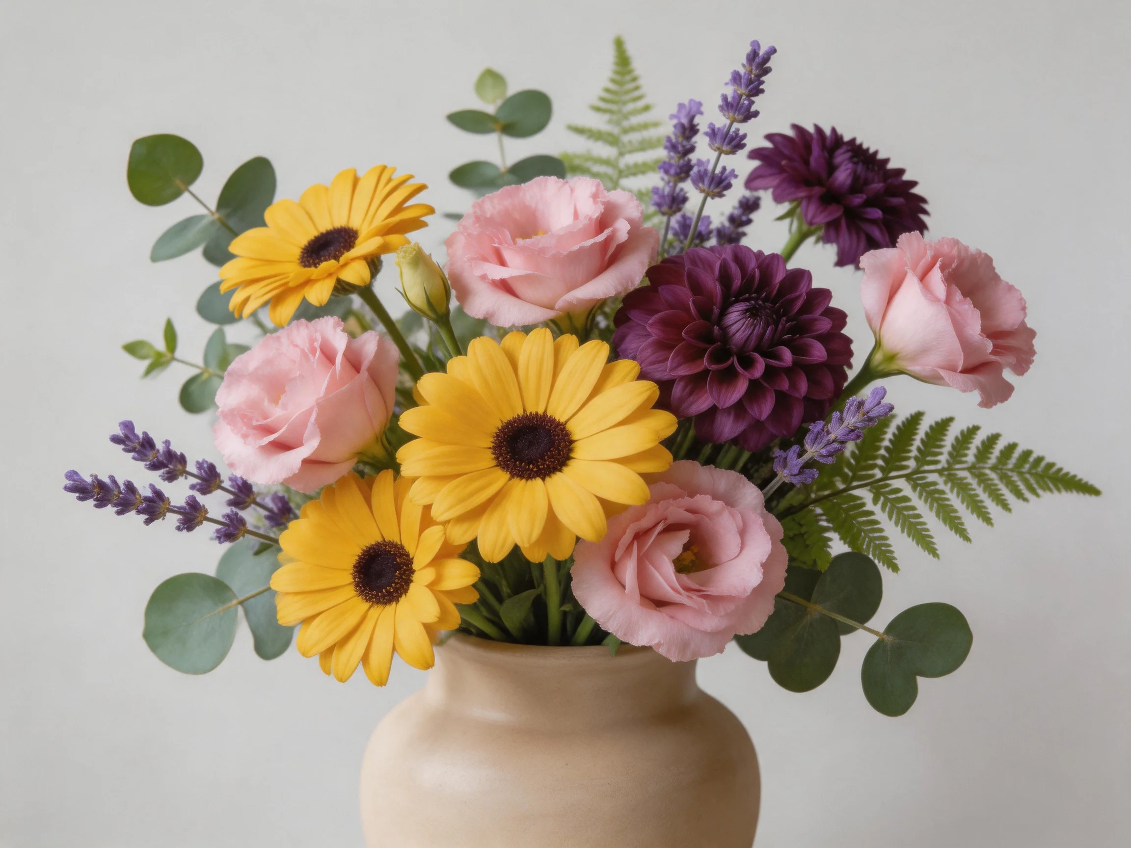 Vibrant flower bouquet with yellow gerberas, pink roses, purple dahlias, and eucalyptus