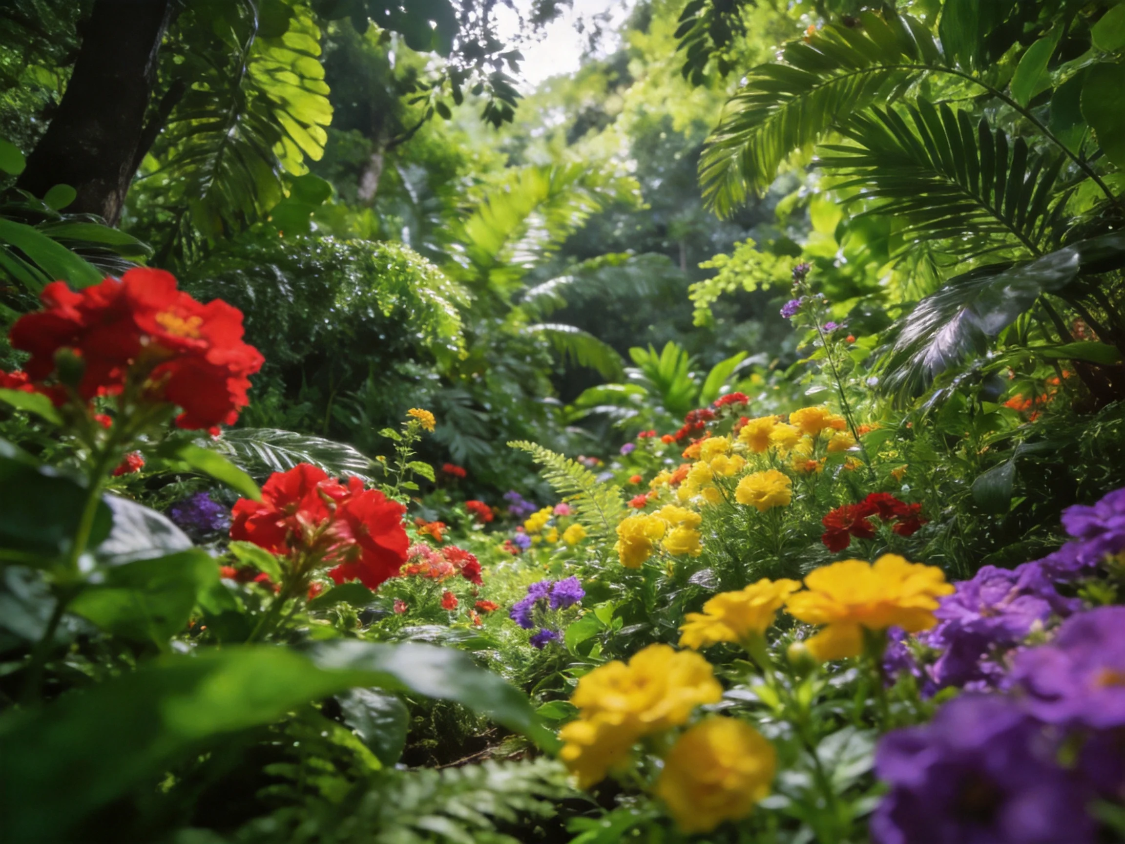 Vibrant flower cluster amid dense tropical greenery