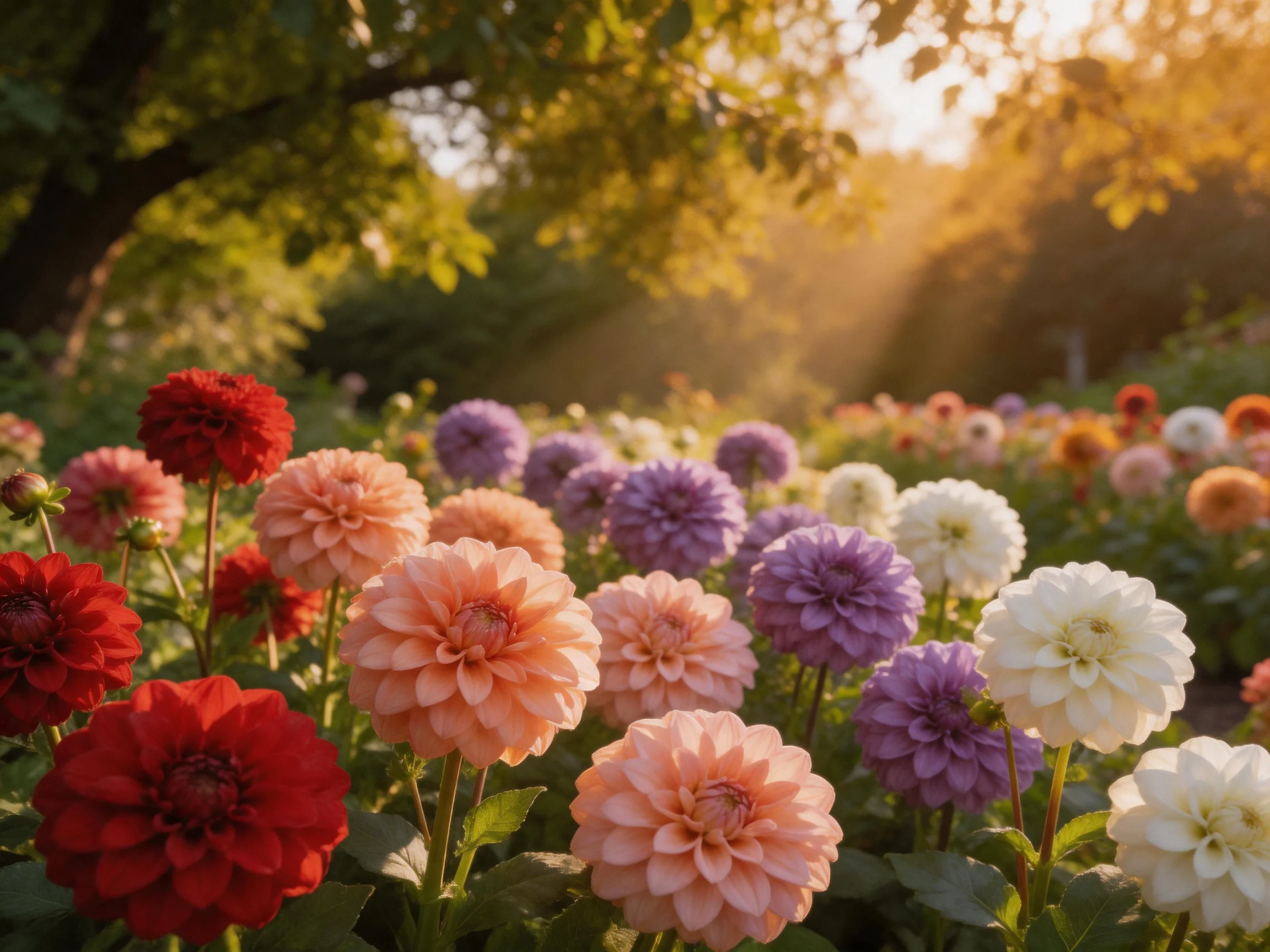 Vibrant flower field with red, pink, purple blooms under golden sunlight