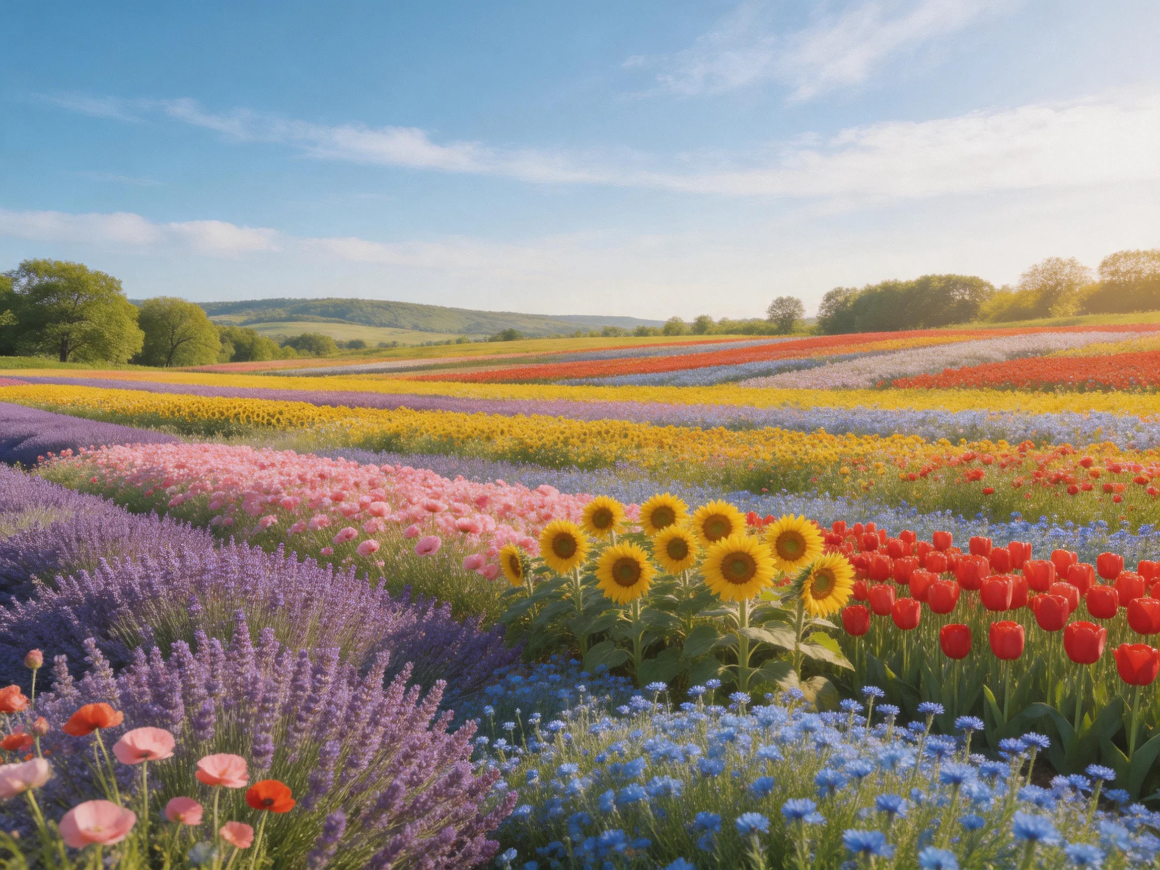 Vibrant flower fields with rows of purple, pink, yellow, blue, red blooms