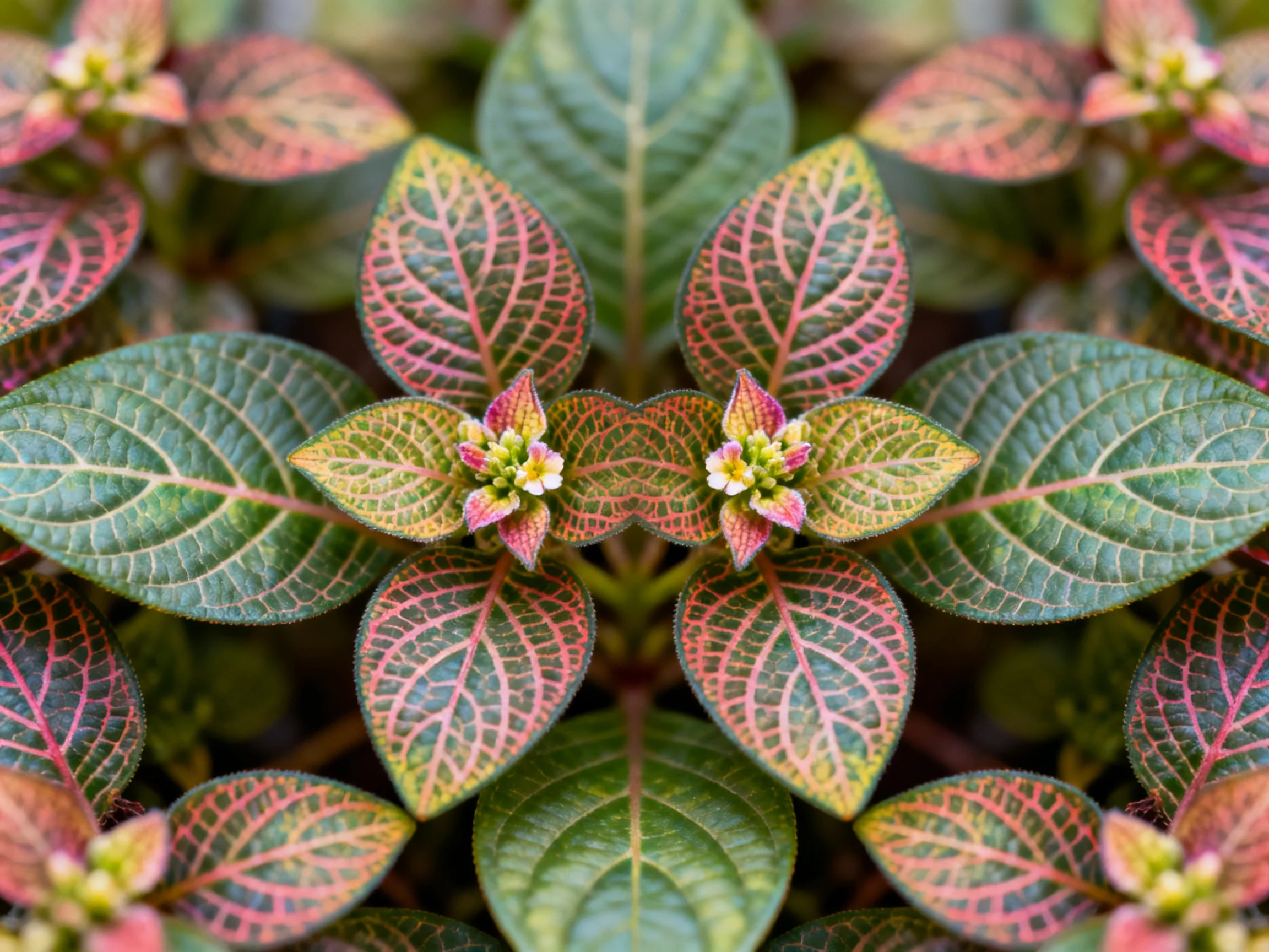 Vibrant foliage with pink-veined green leaves and small flower clusters