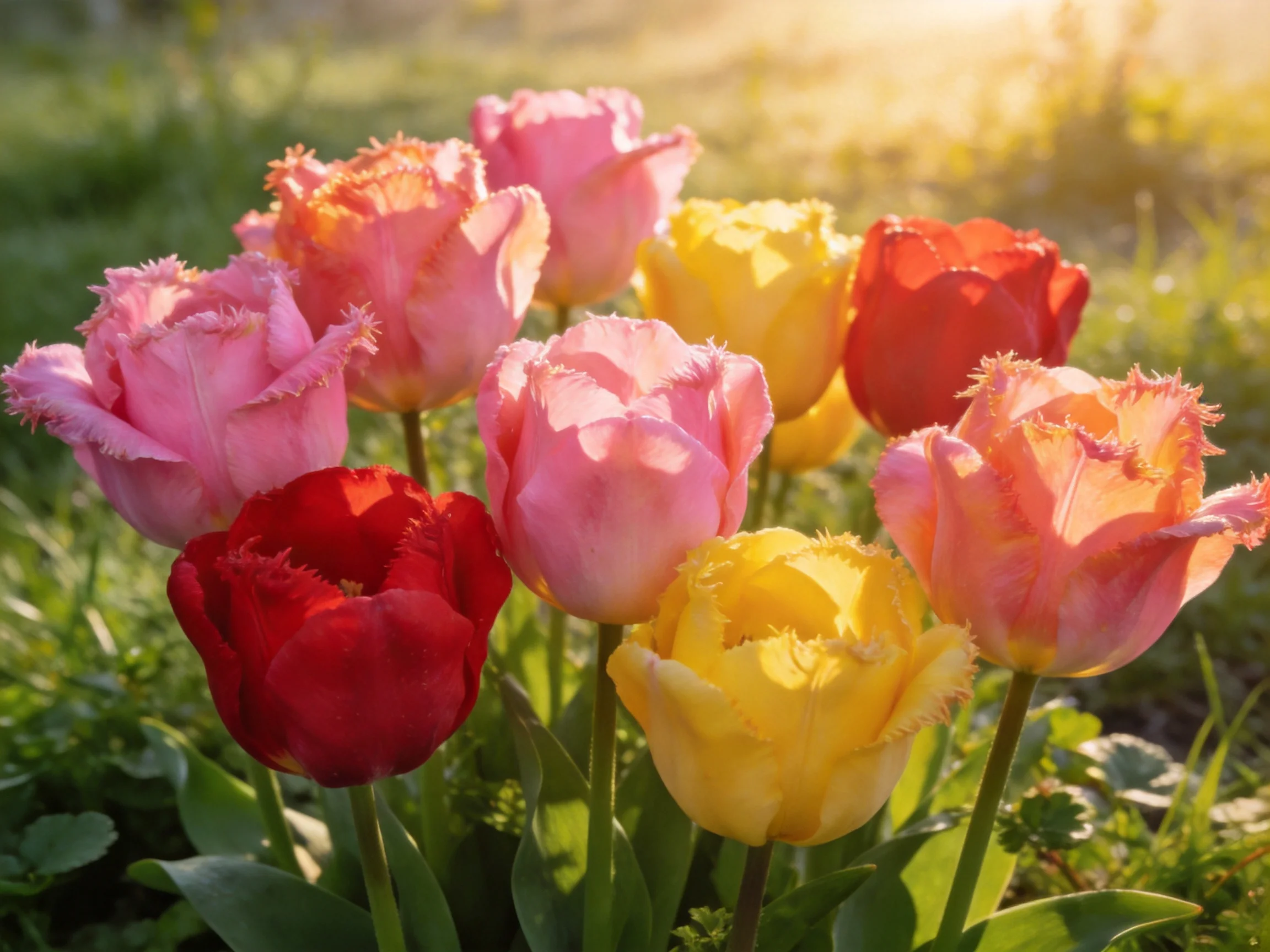 Vibrant fringed tulips in red, pink, and yellow bloom under sunlight