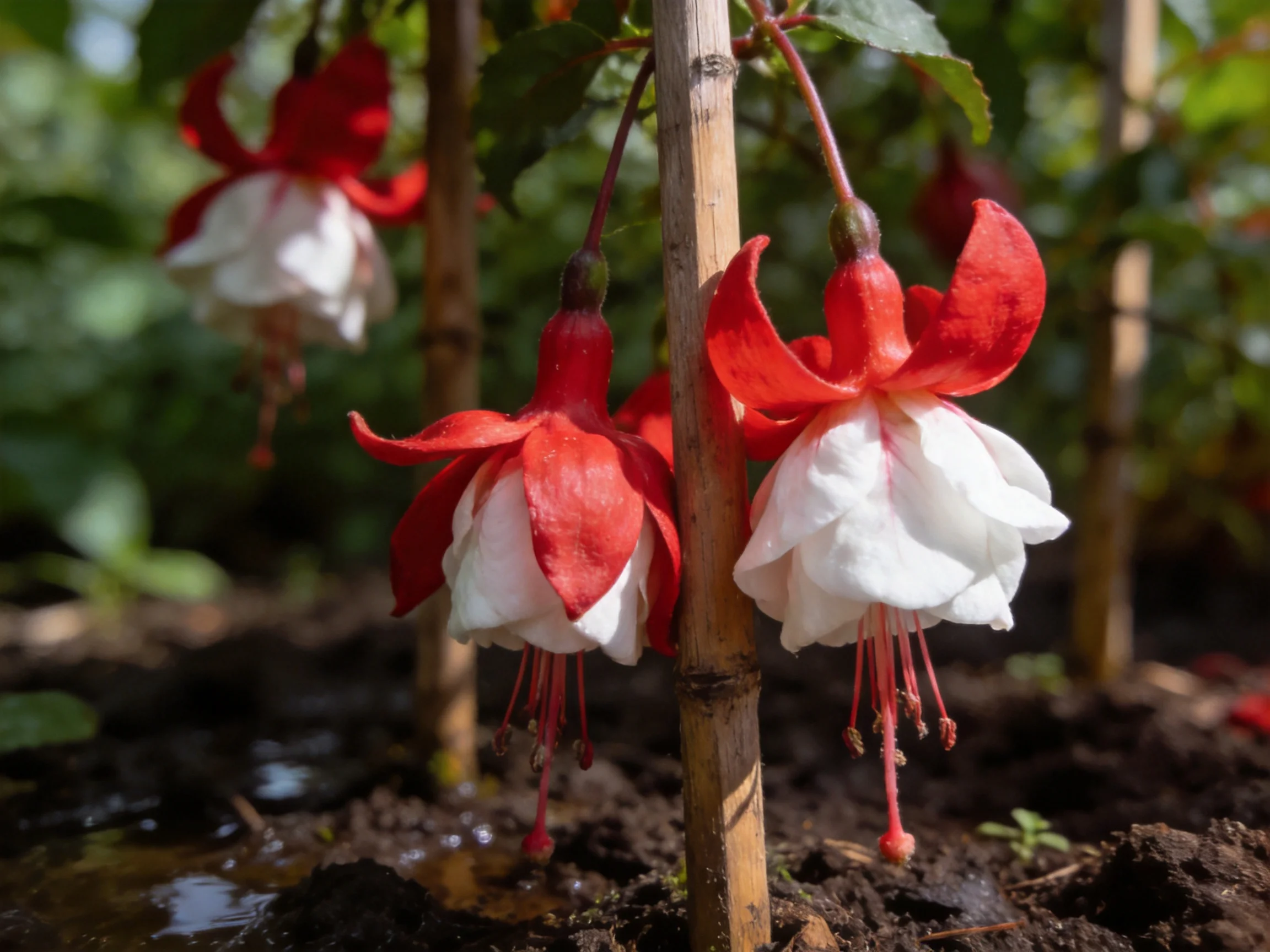Vibrant fuchsia flowers with red and white petals supported by wooden stakes in a garden