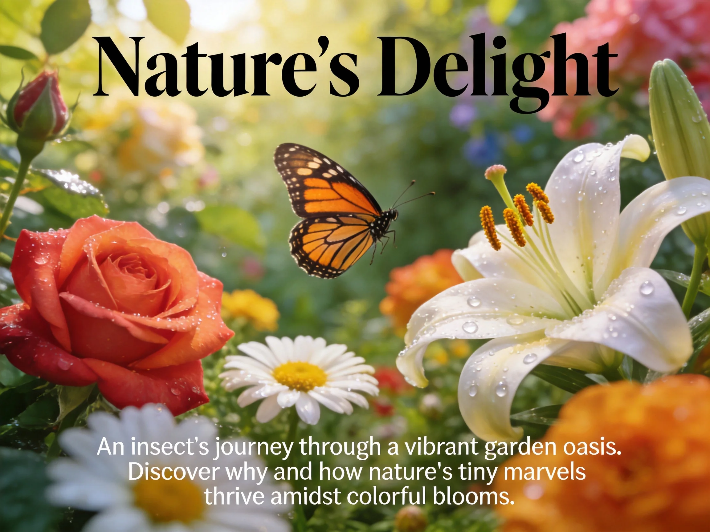 Vibrant garden scene with roses, lilies, daisies, and a monarch butterfly