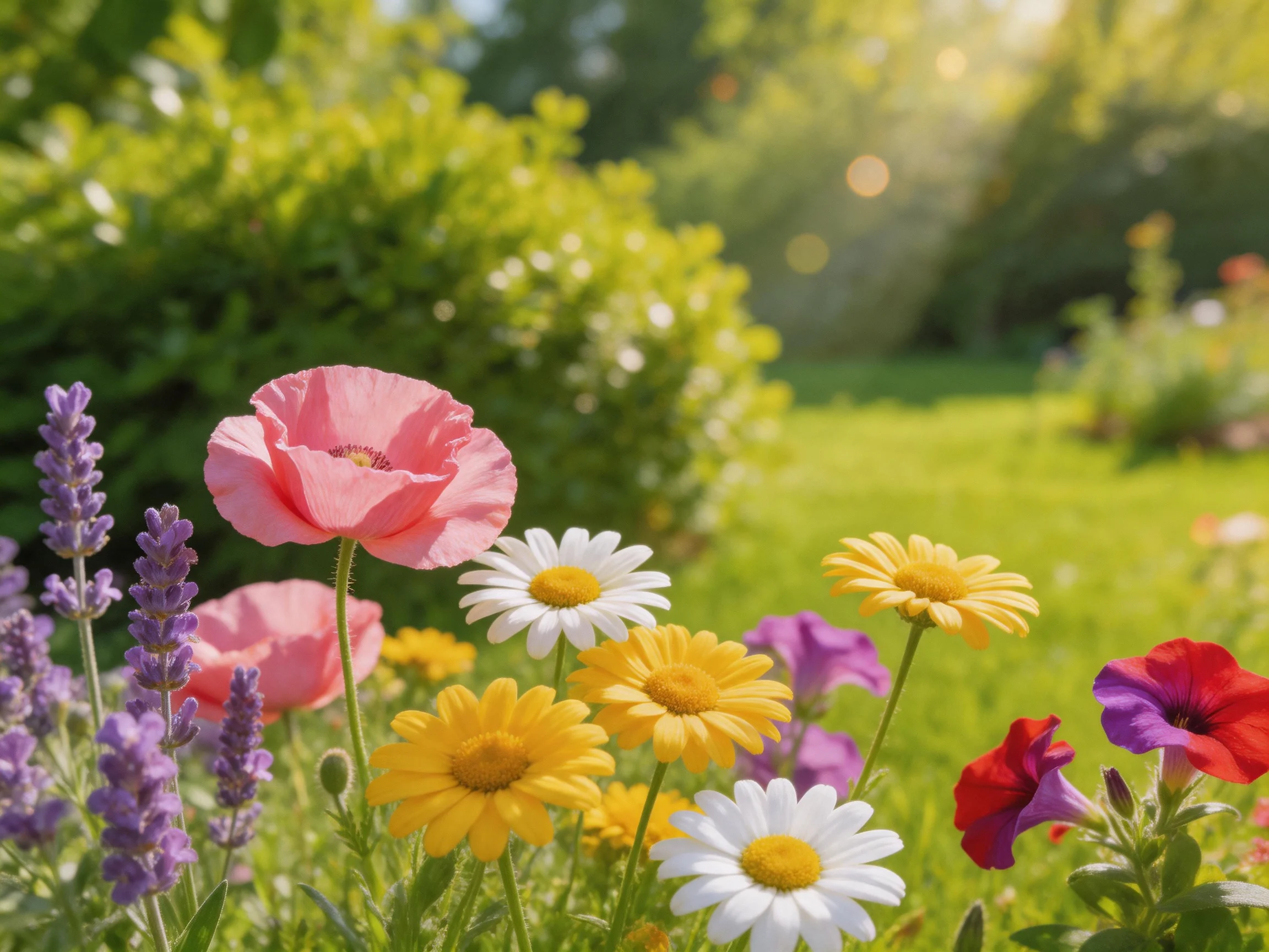 Vibrant garden with pink poppies, white daisies, and colorful blooms under sunlight