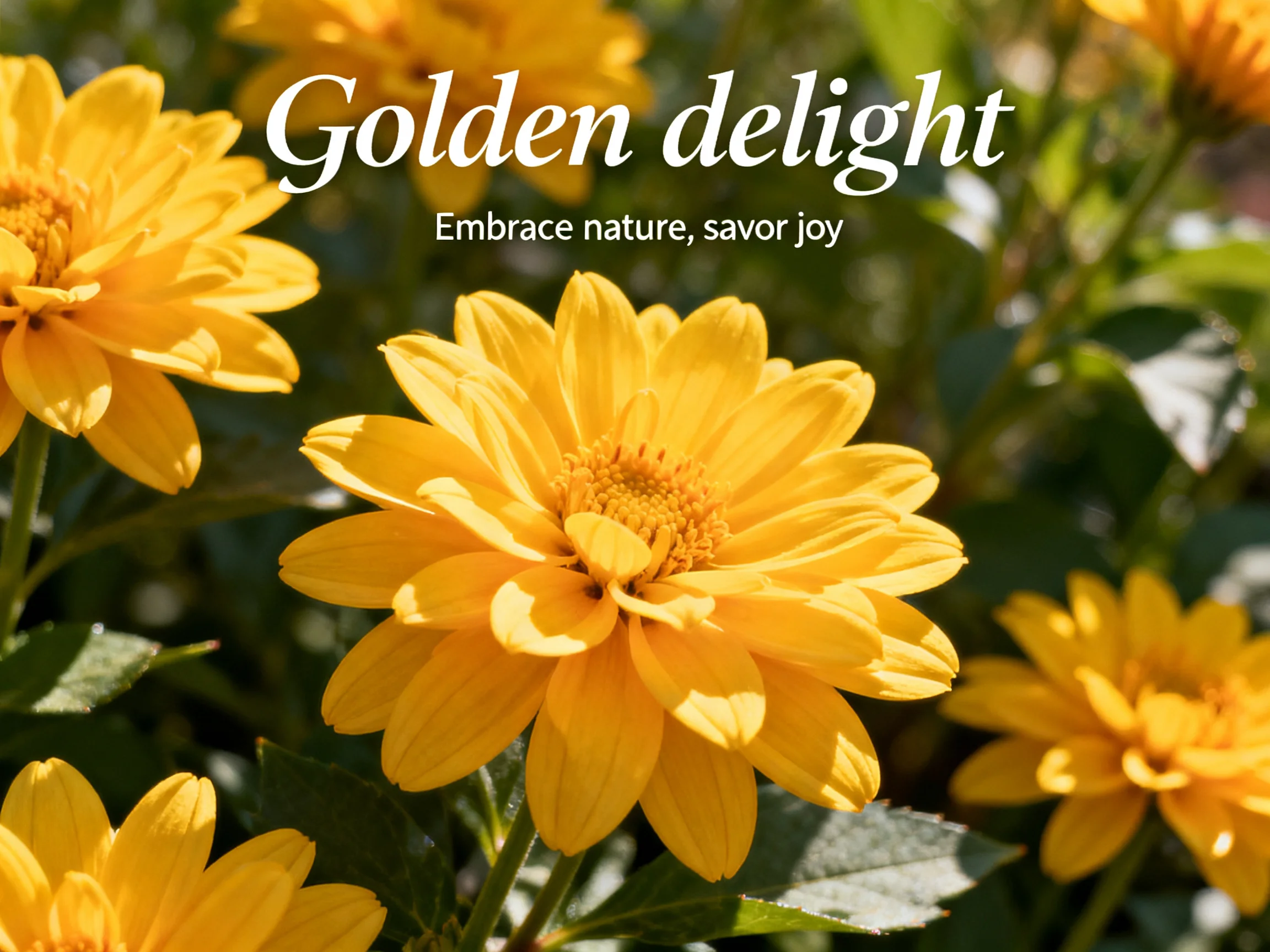 Vibrant golden flowers cluster amid lush green foliage