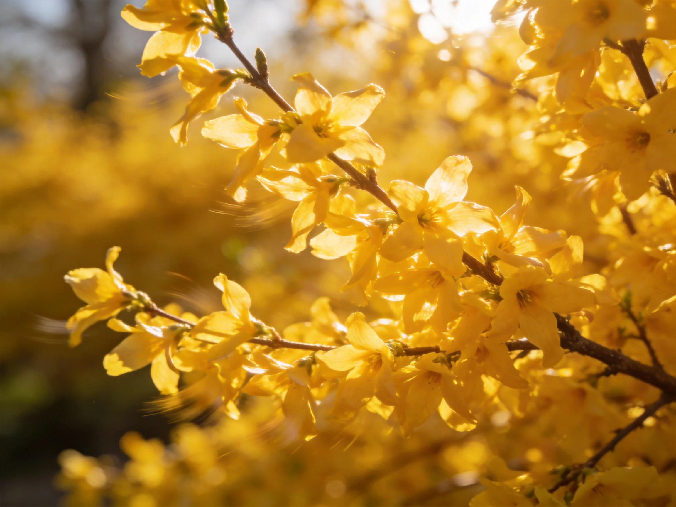 Vibrant golden forsythia blossoms illuminated by warm sunlight