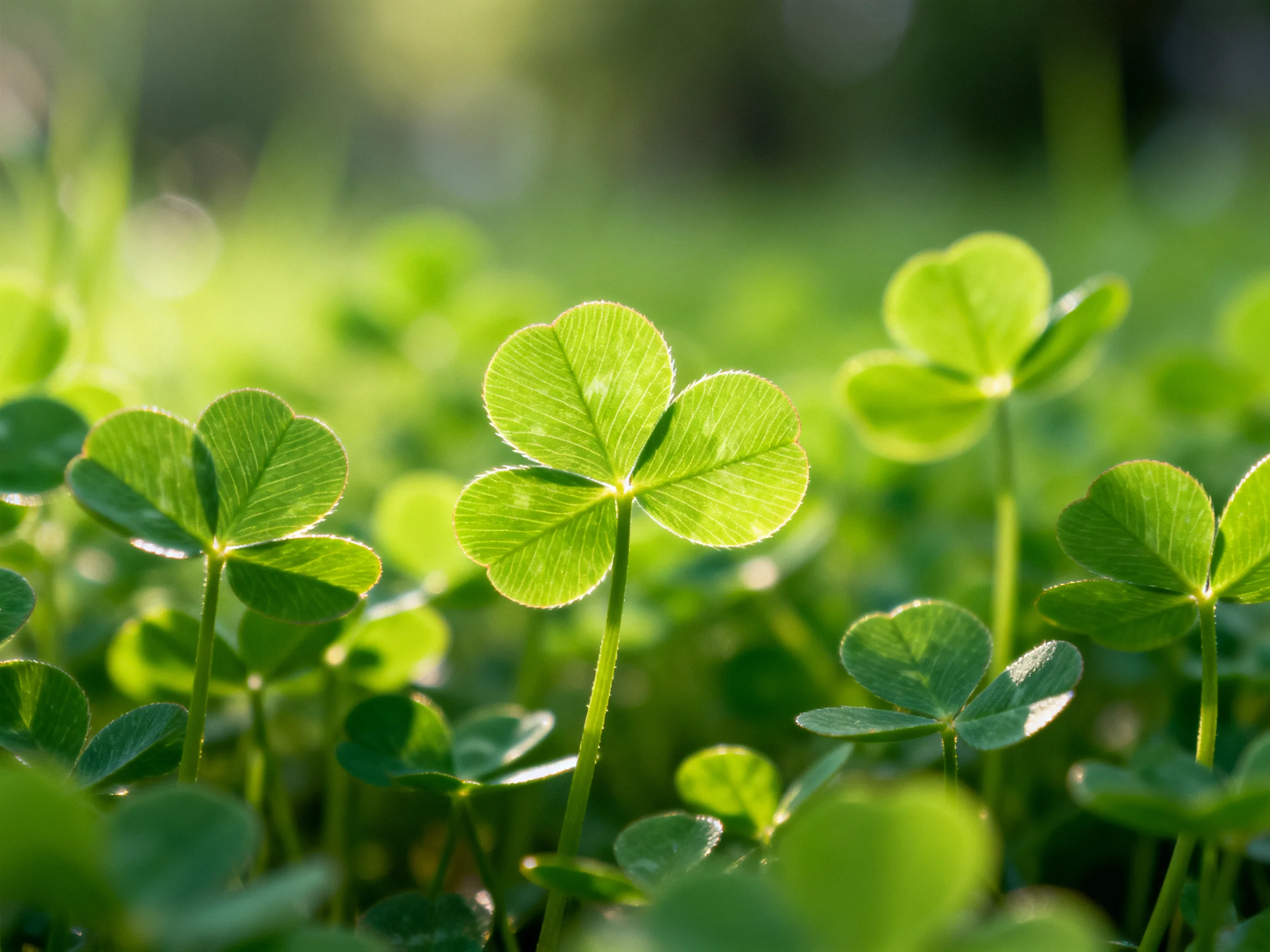 Vibrant green clover patches bathed in soft sunlight