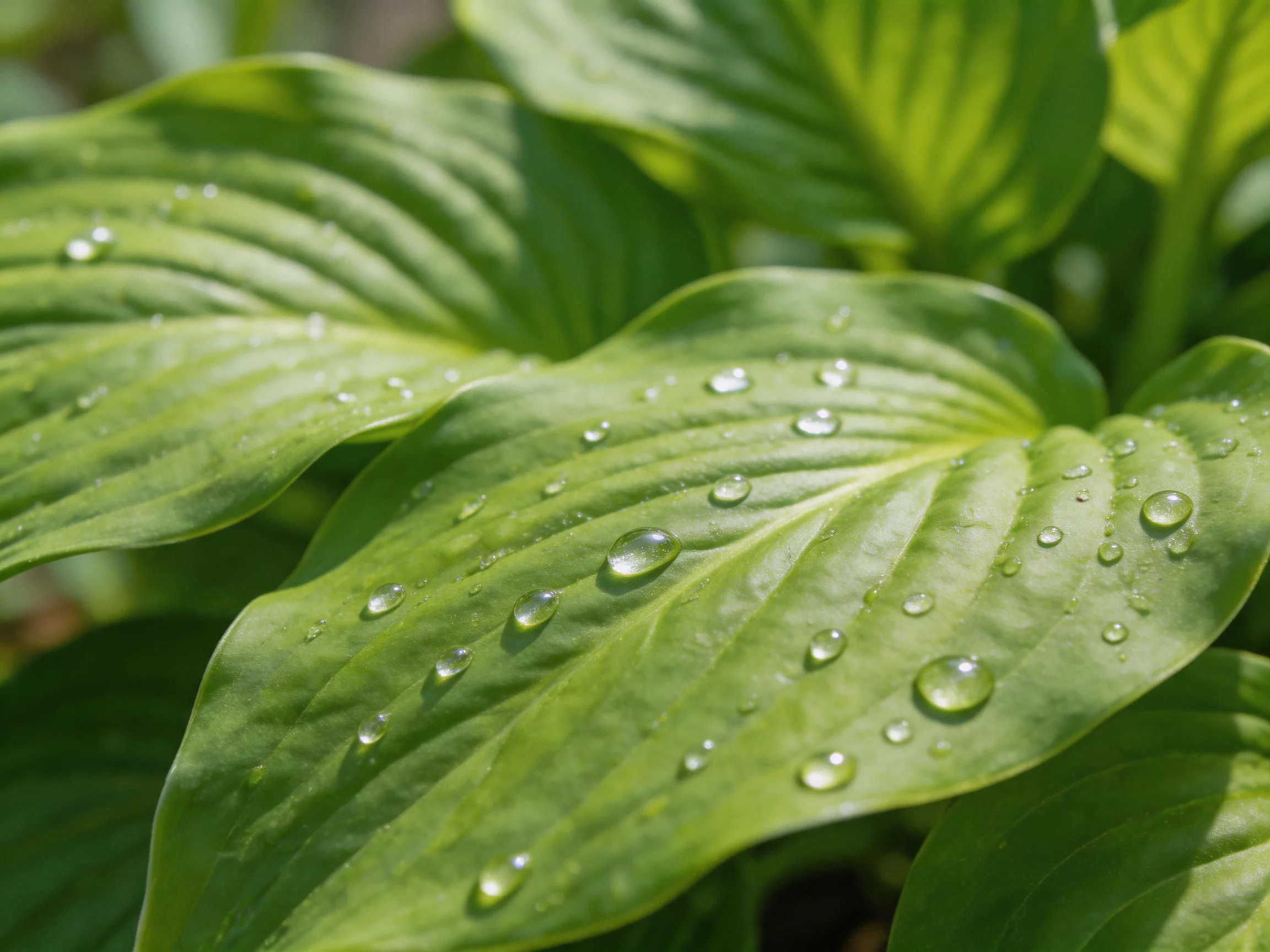 Vibrant green hosta leaves covered in glistening water droplets