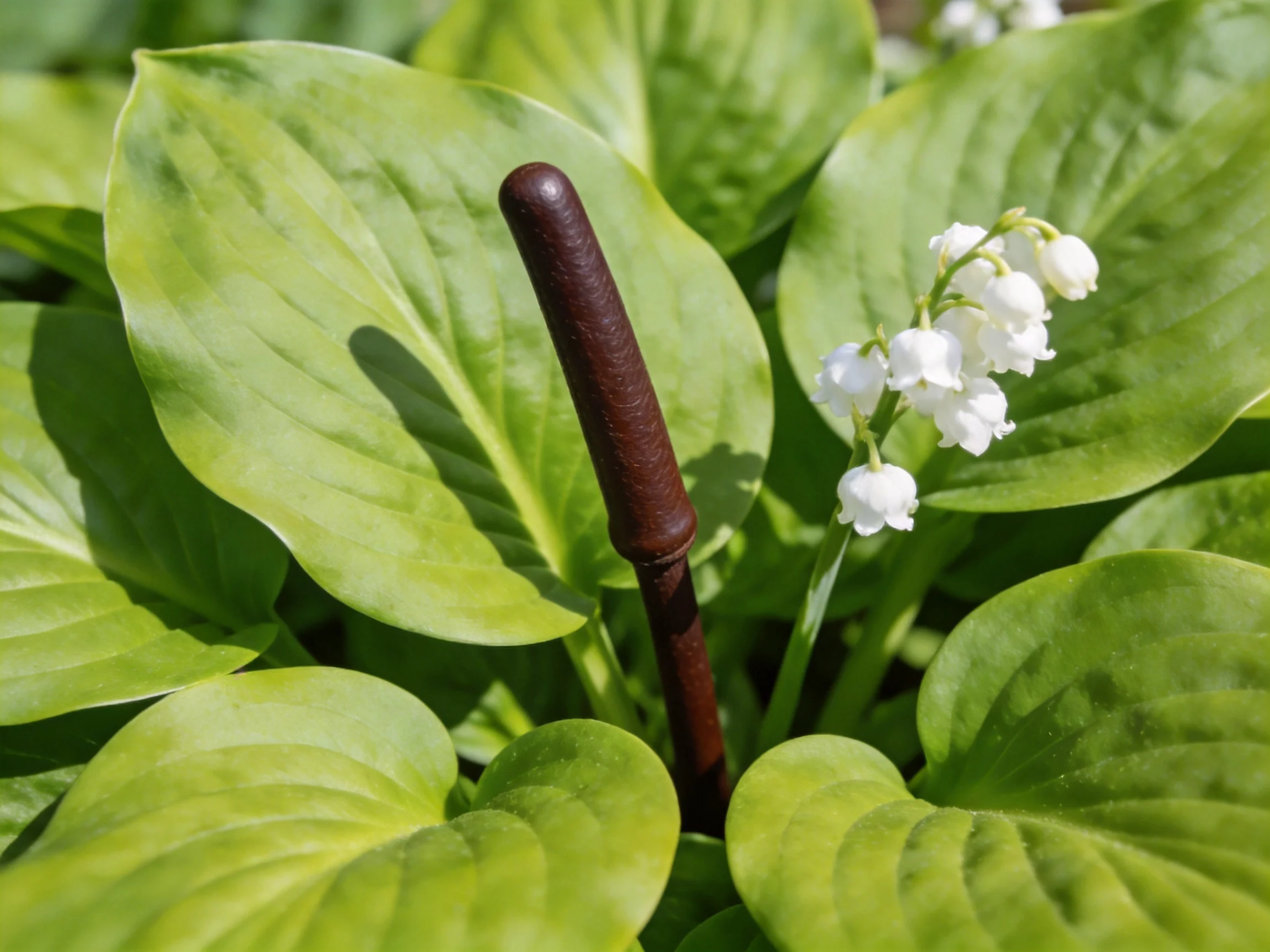 Vibrant green hosta leaves frame delicate white bell flowers and a dark wooden stake