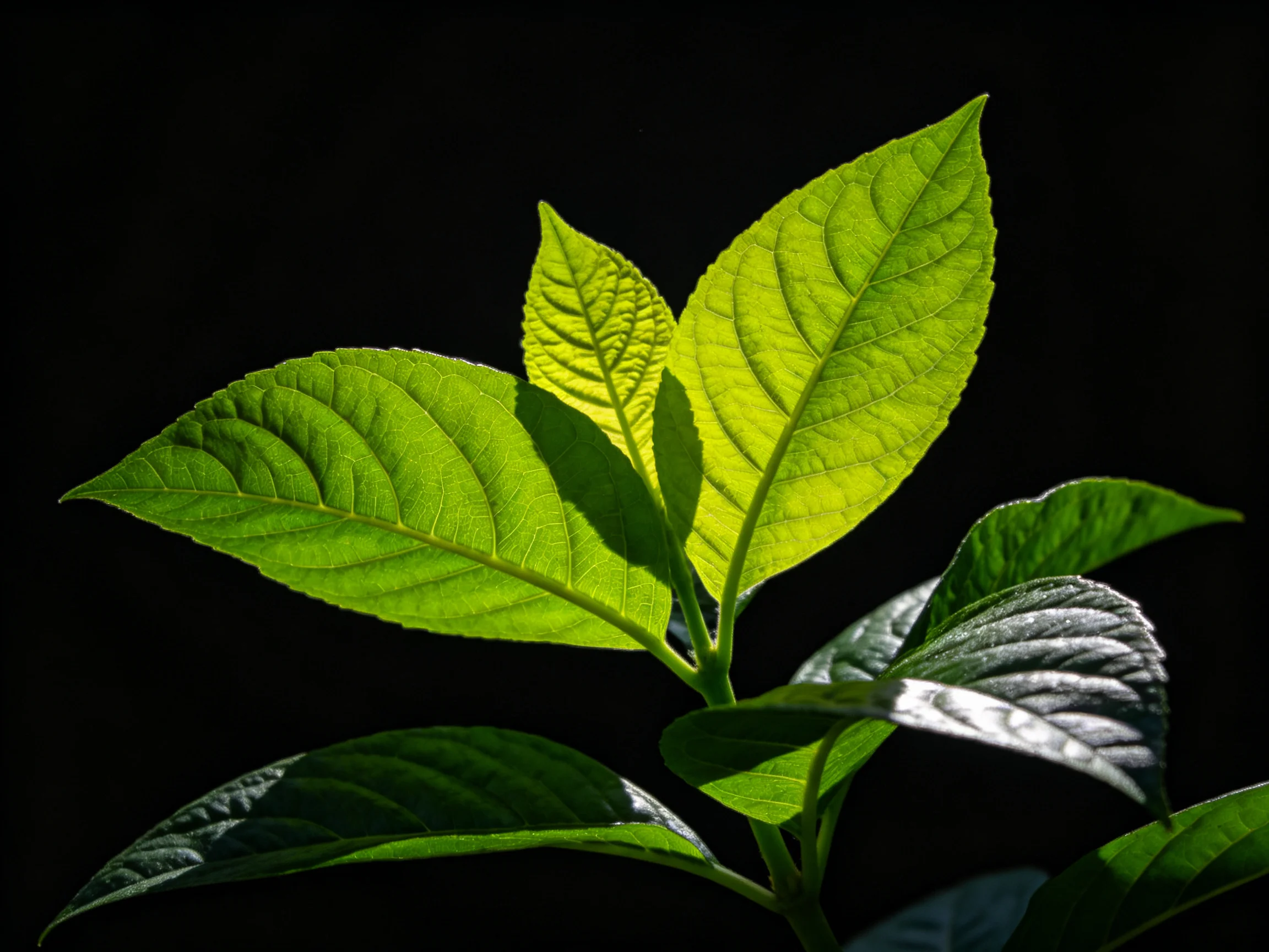 Vibrant green leaves illuminated dramatically against a black background