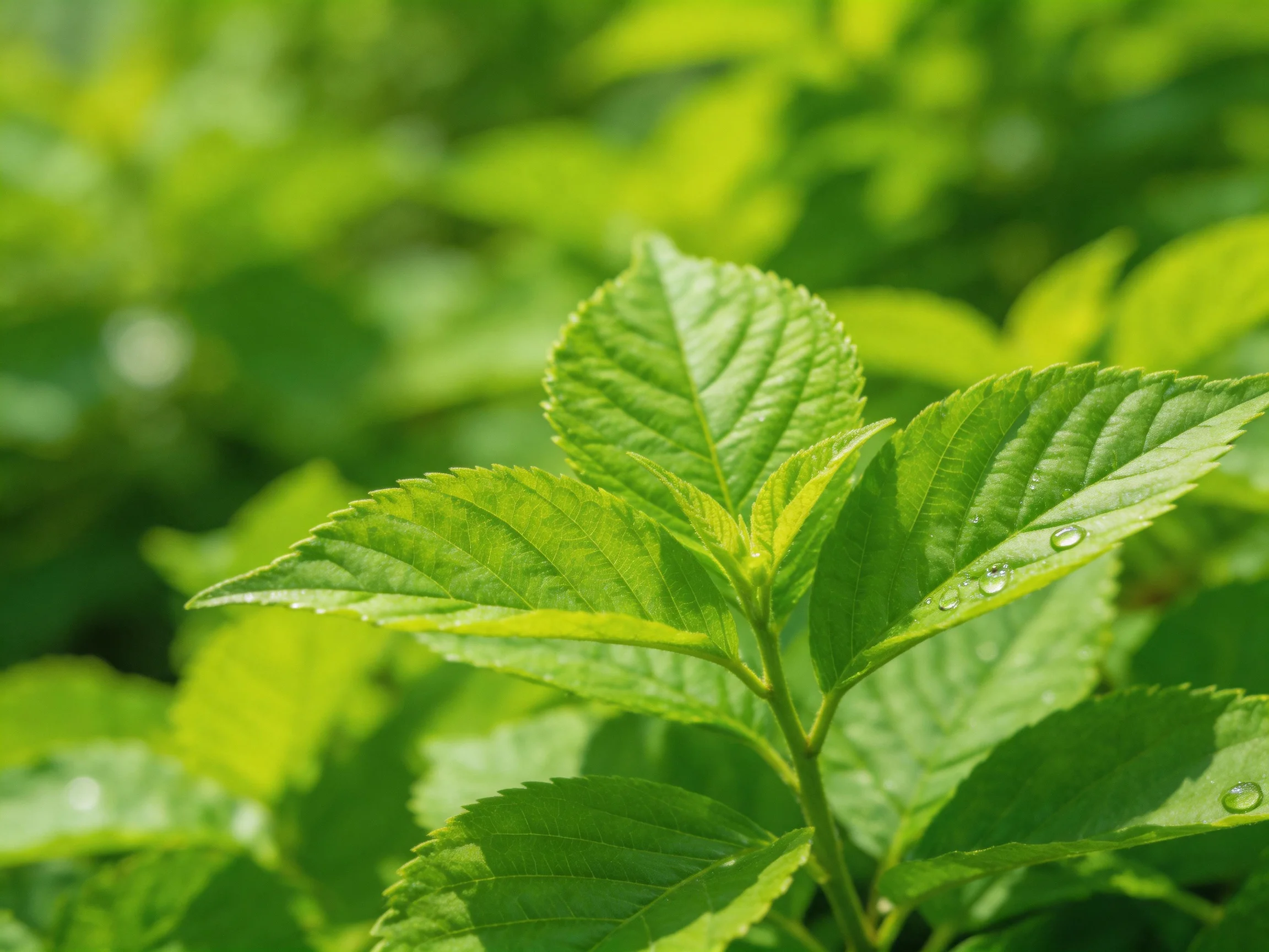 Vibrant green leaves with dewdrops, bathed in bright sunlight