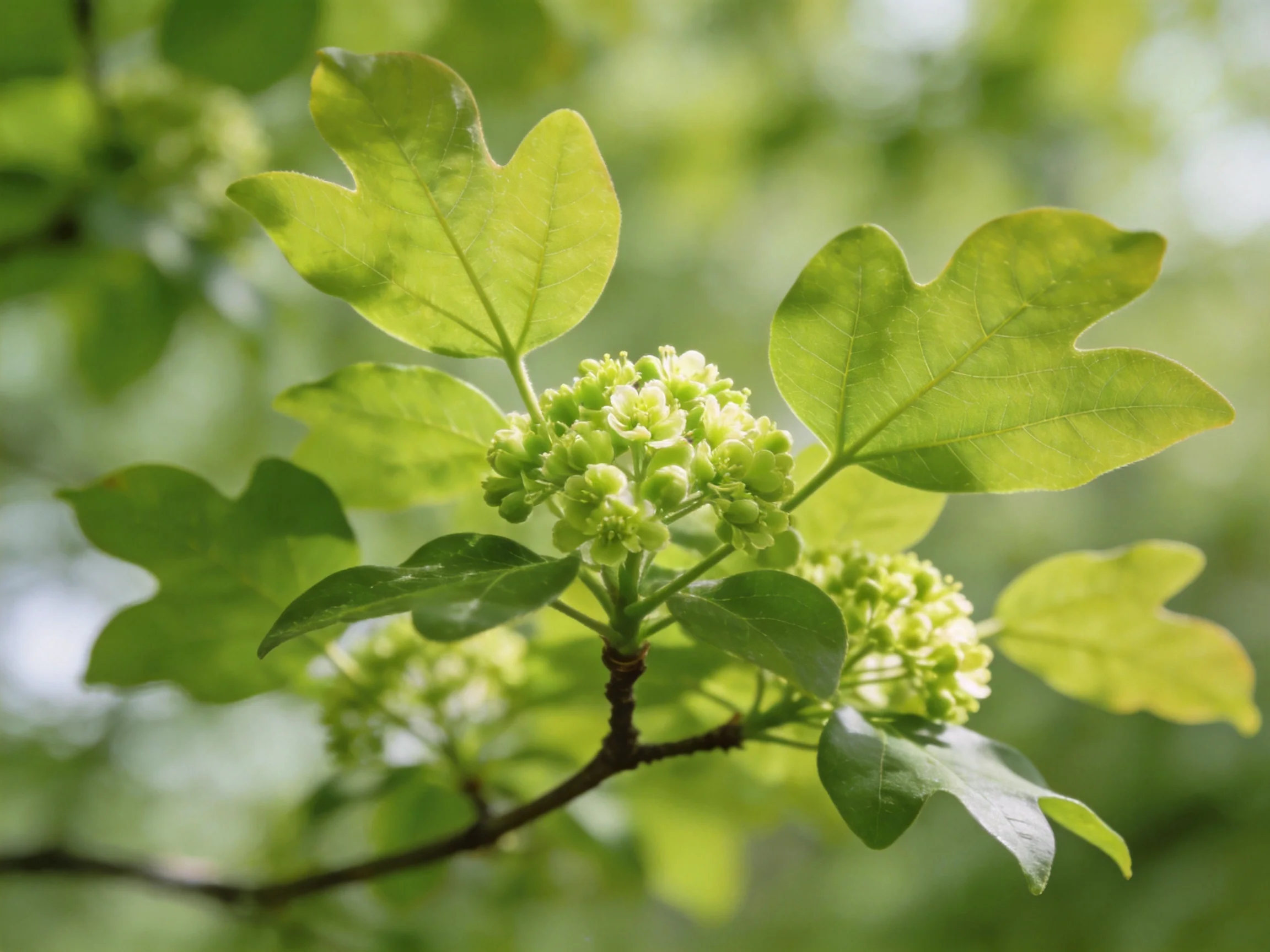 Vibrant green maple leaves and small flower clusters on a branch