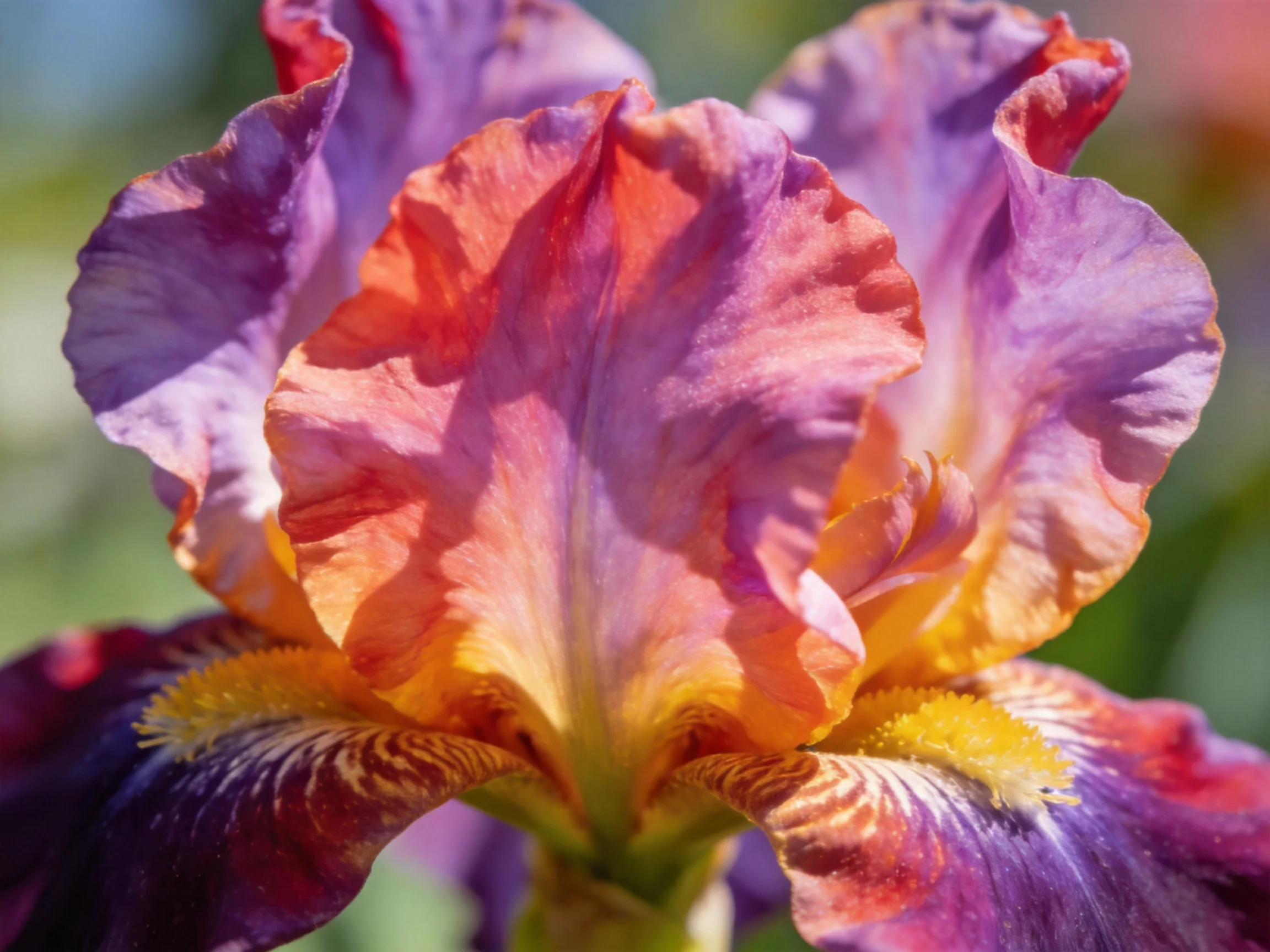 Vibrant iris flower with purple, orange, and yellow petals