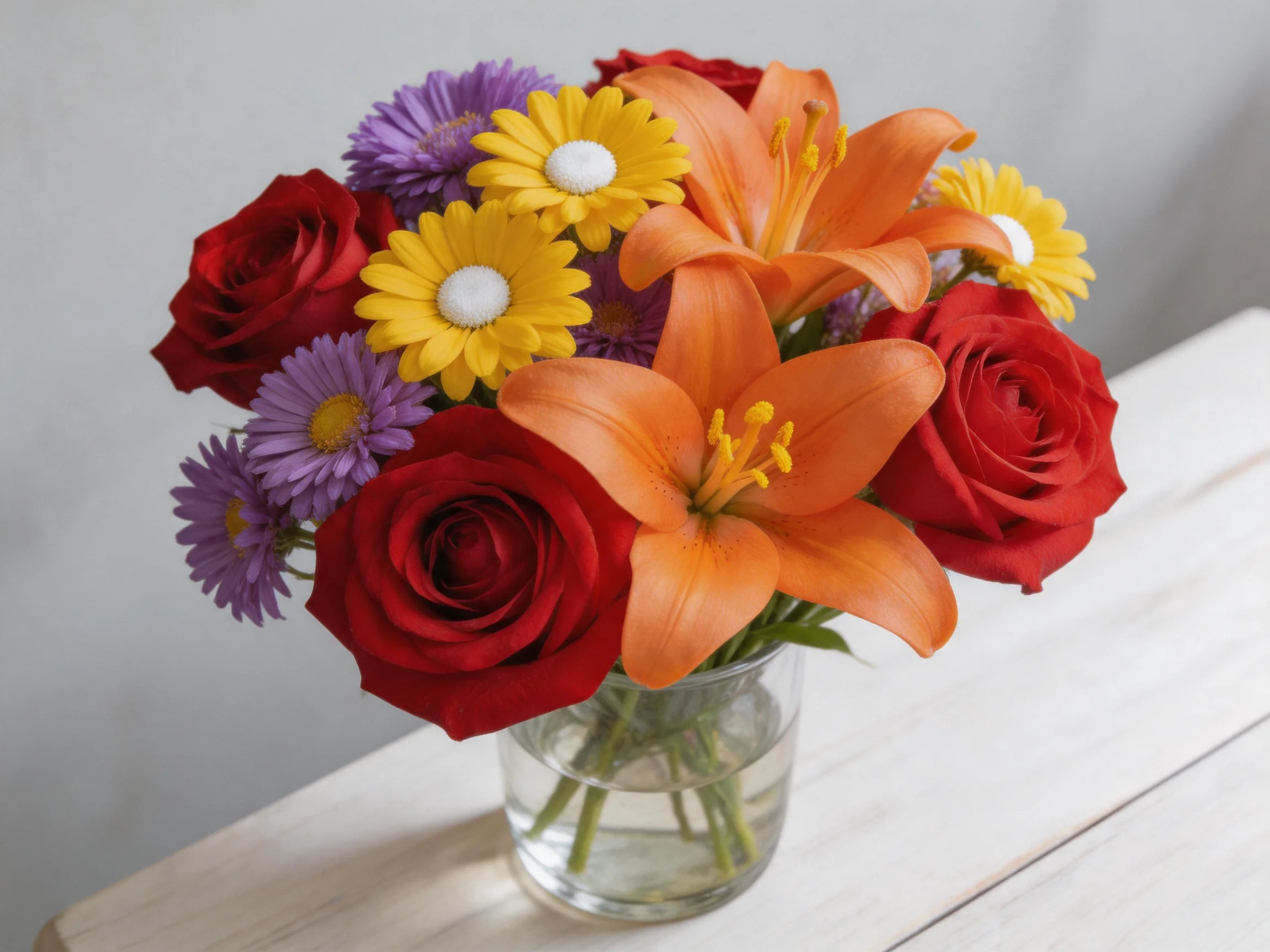 Vibrant mixed flower bouquet with red roses, orange lilies, yellow daisies, purple blooms