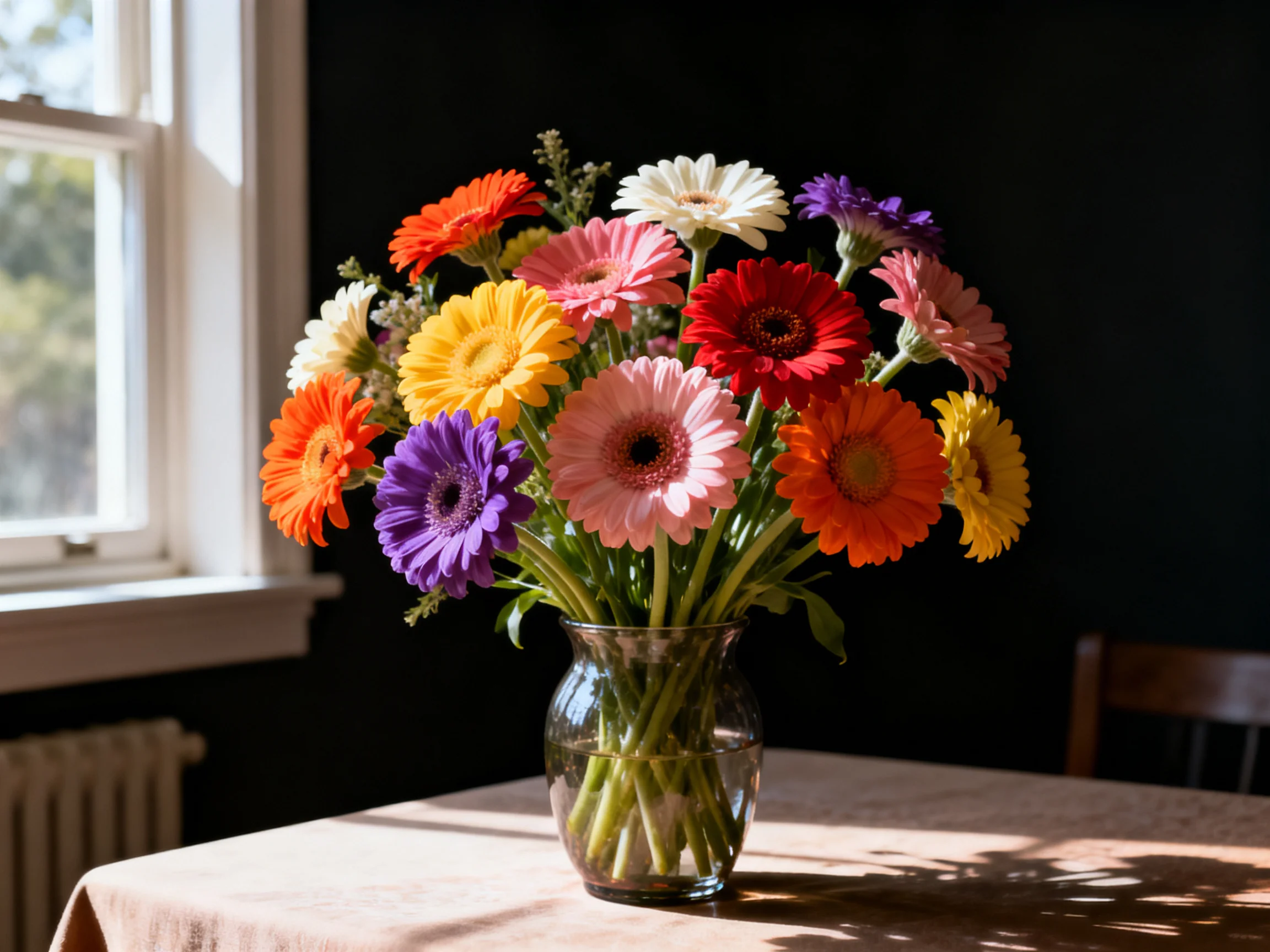 Vibrant mixed-hued gerbera daisies in a glass vase