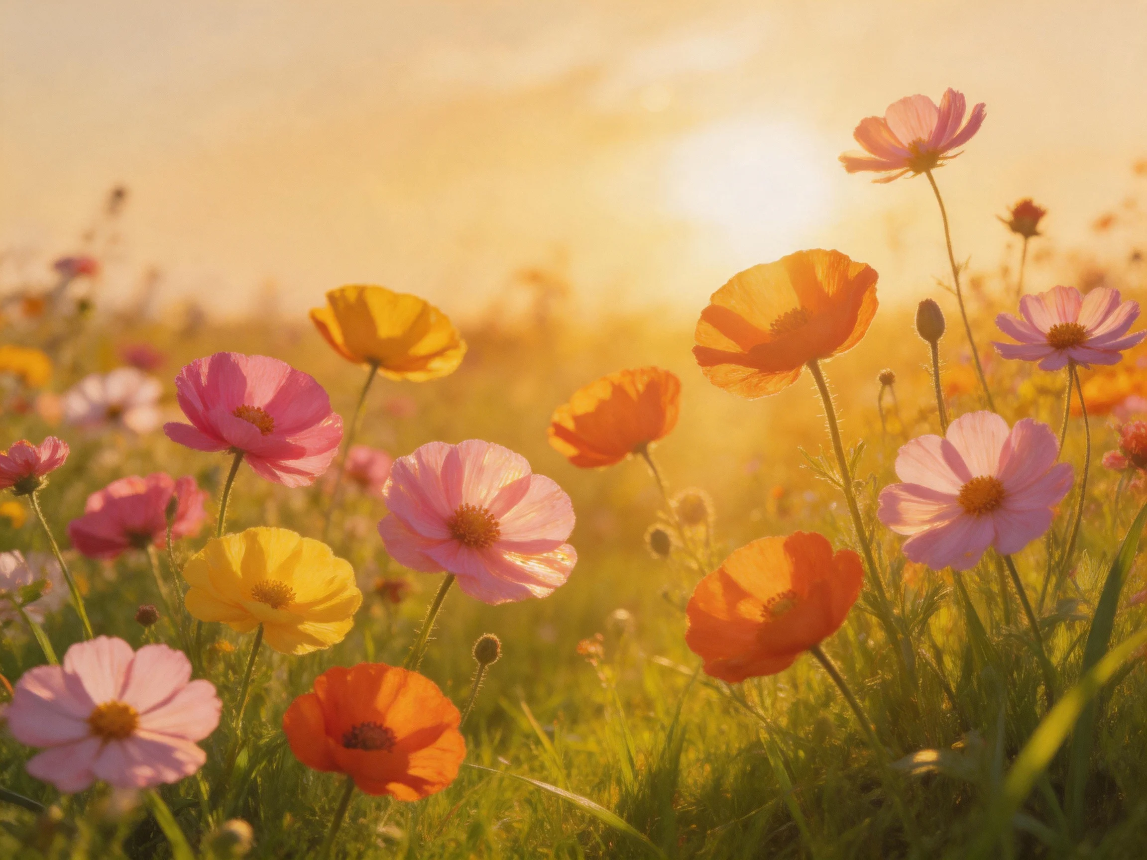 Vibrant multicolored cosmos flowers bloom in a sun-drenched meadow