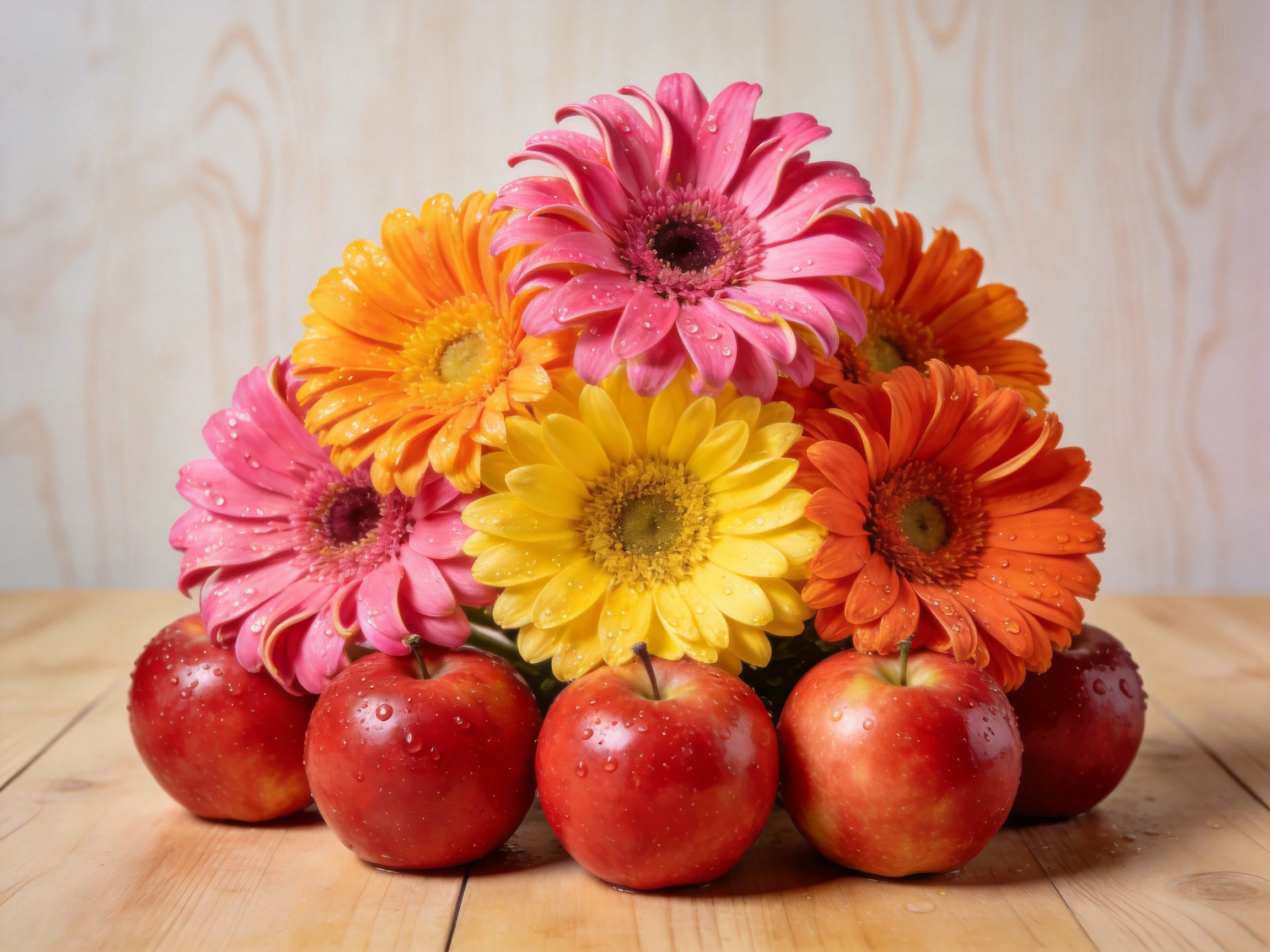 Vibrant multicolored gerbera daisies atop glossy red apples