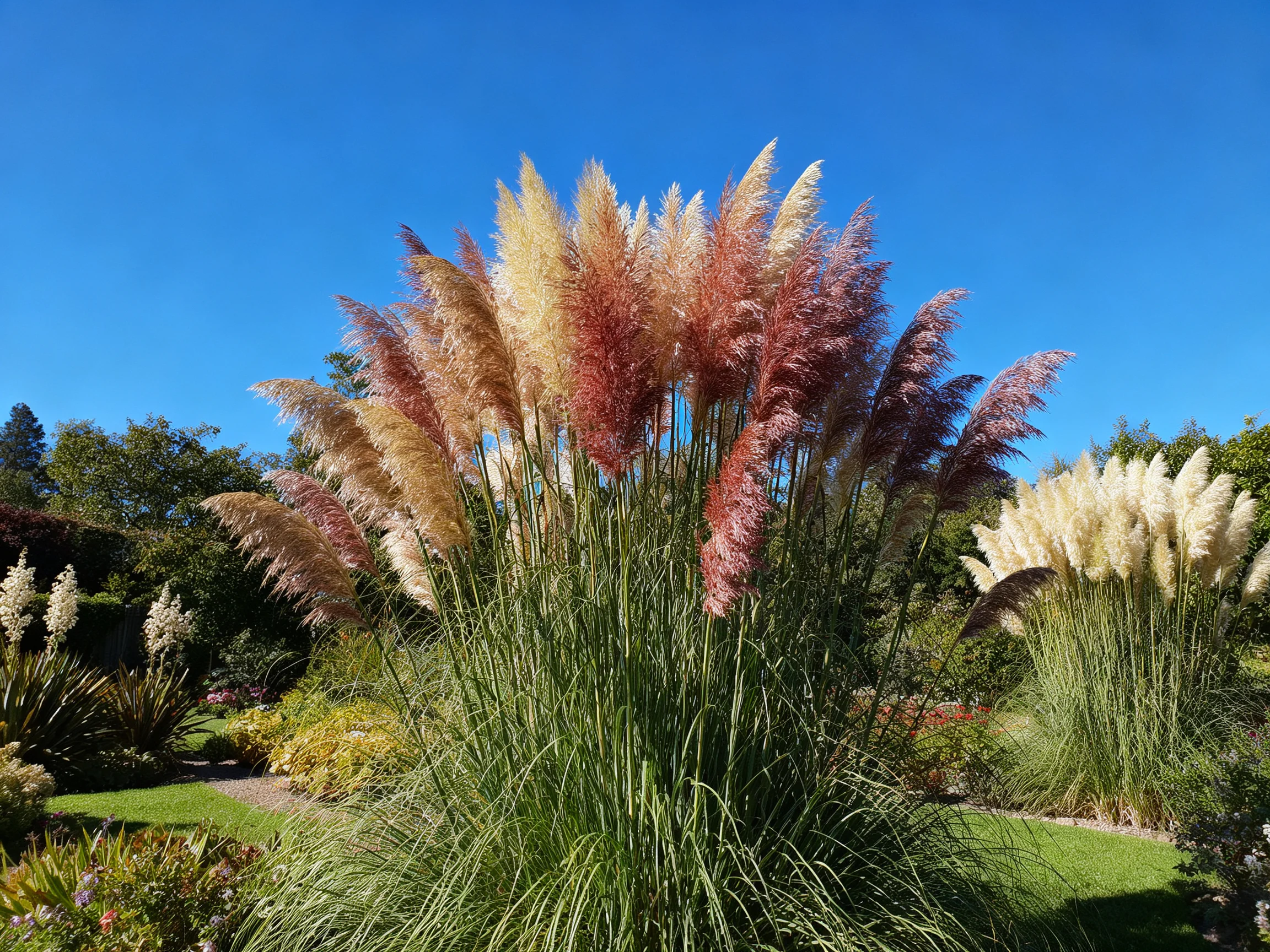 Vibrant multicolored pampas grass clusters in a sunny garden