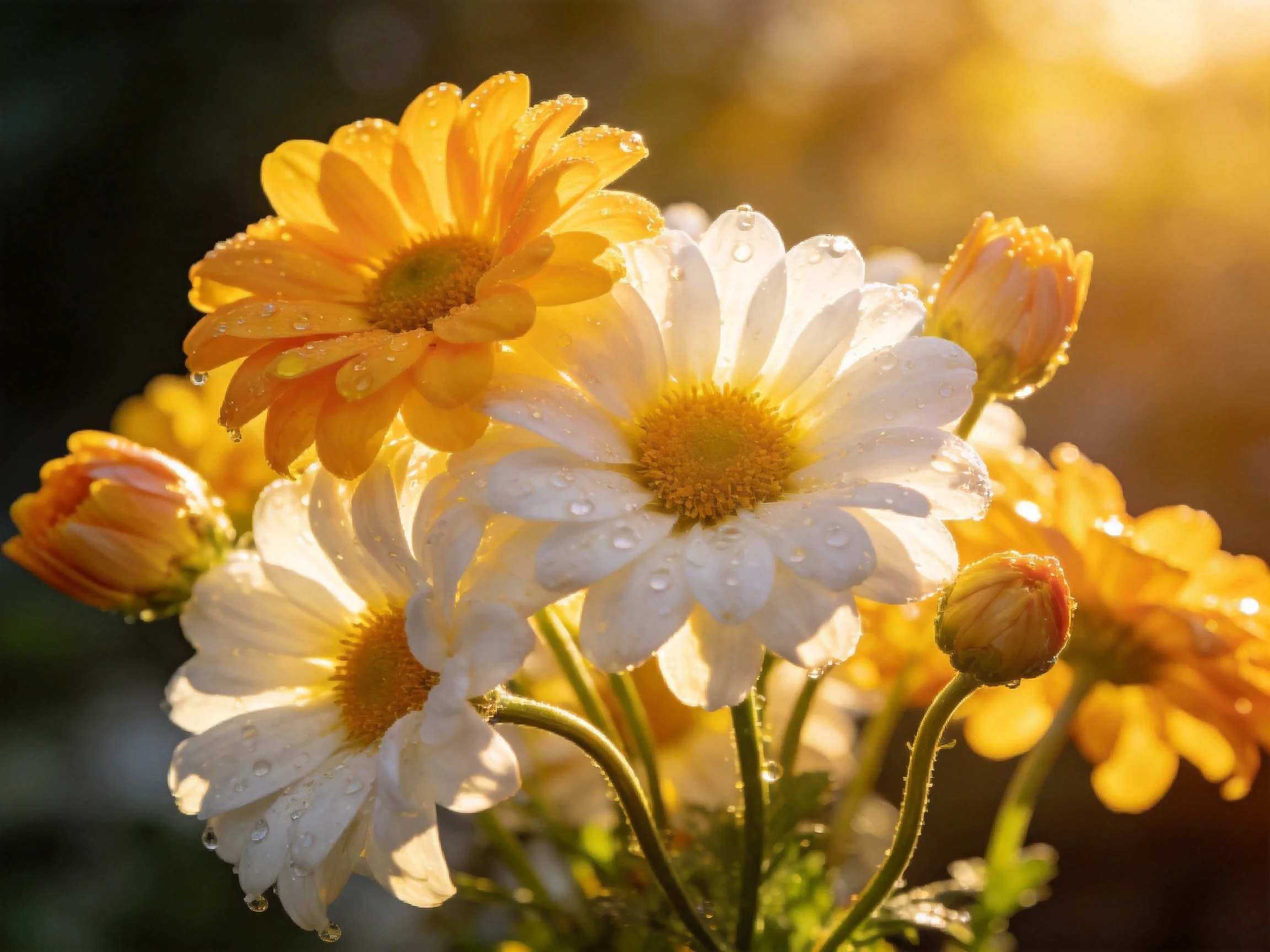 Vibrant orange and white daisies with dewdrops under golden sunlight