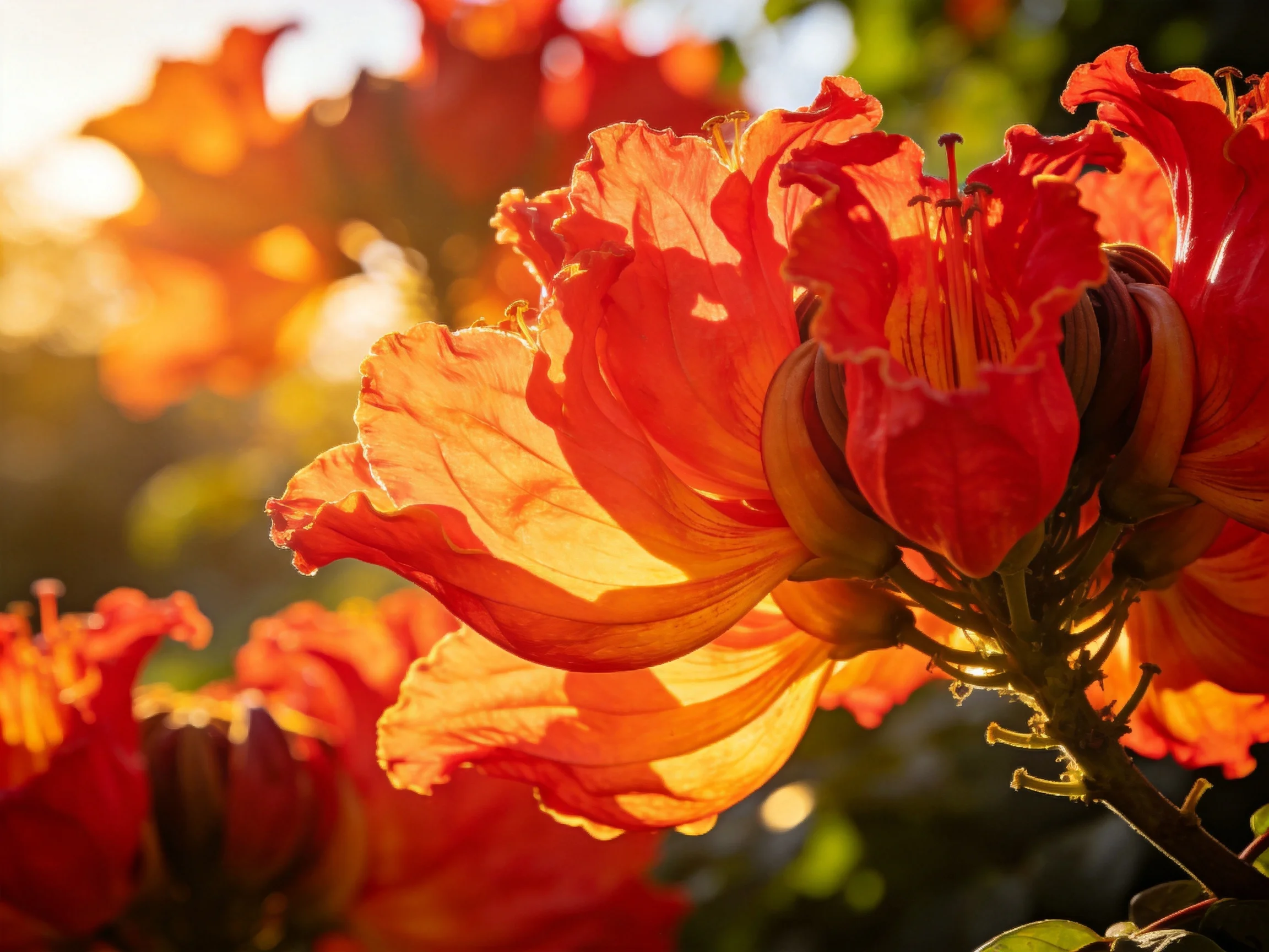 Vibrant orange blossoms illuminated by golden sunlight