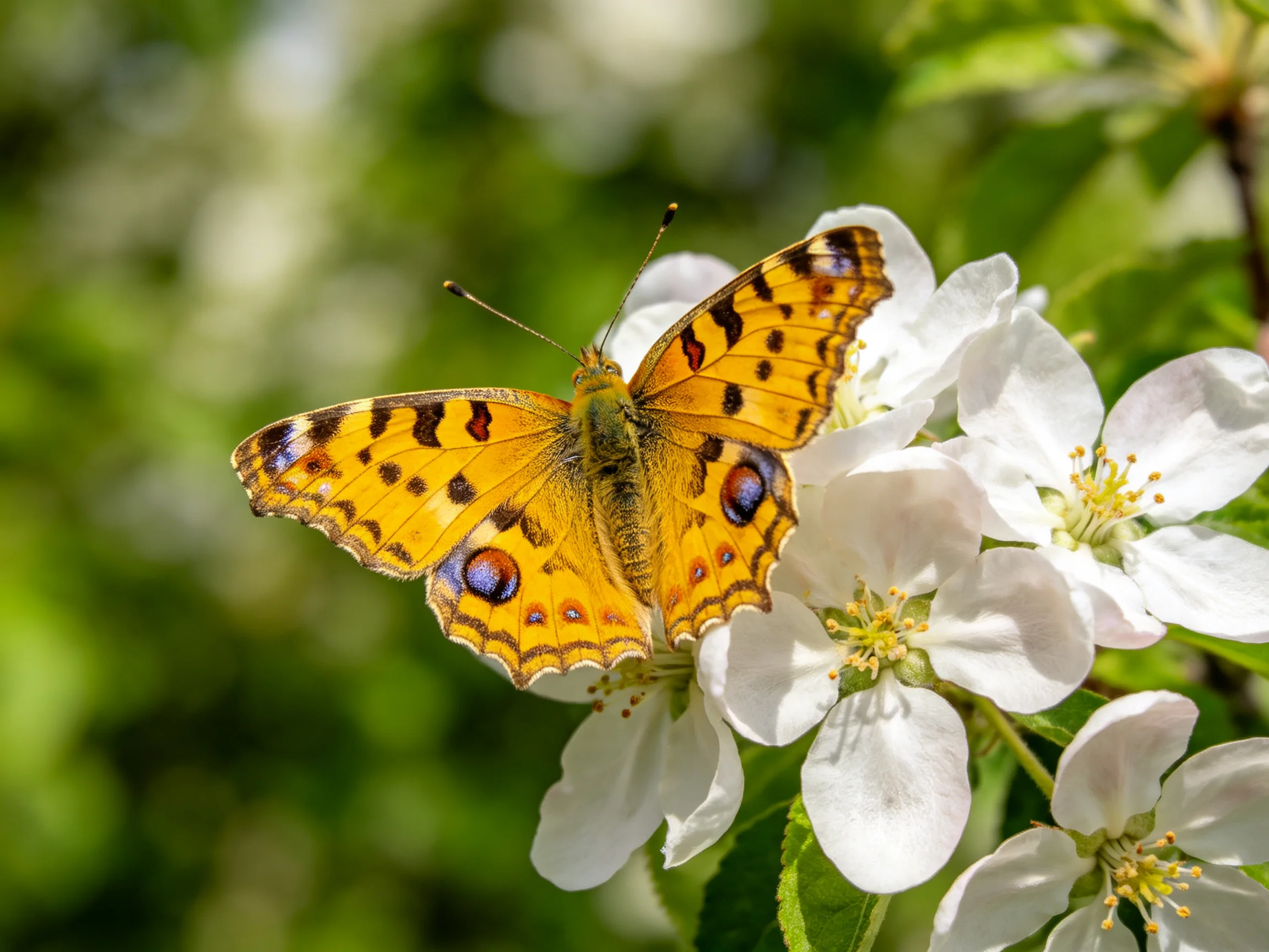 Vibrant orange butterfly resting on delicate white spring blossoms