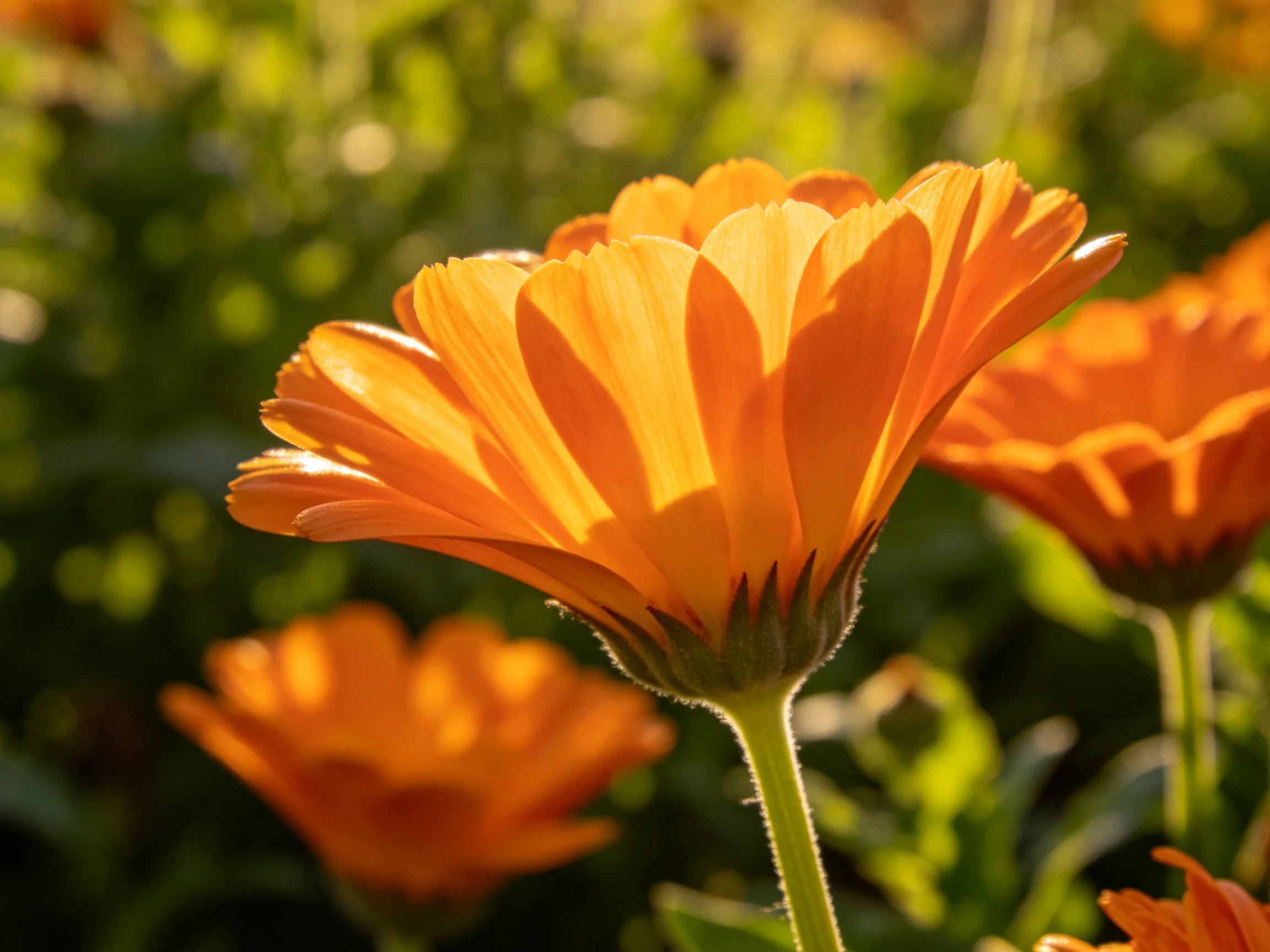 Vibrant orange calendula flowers bloom in a sunlit garden