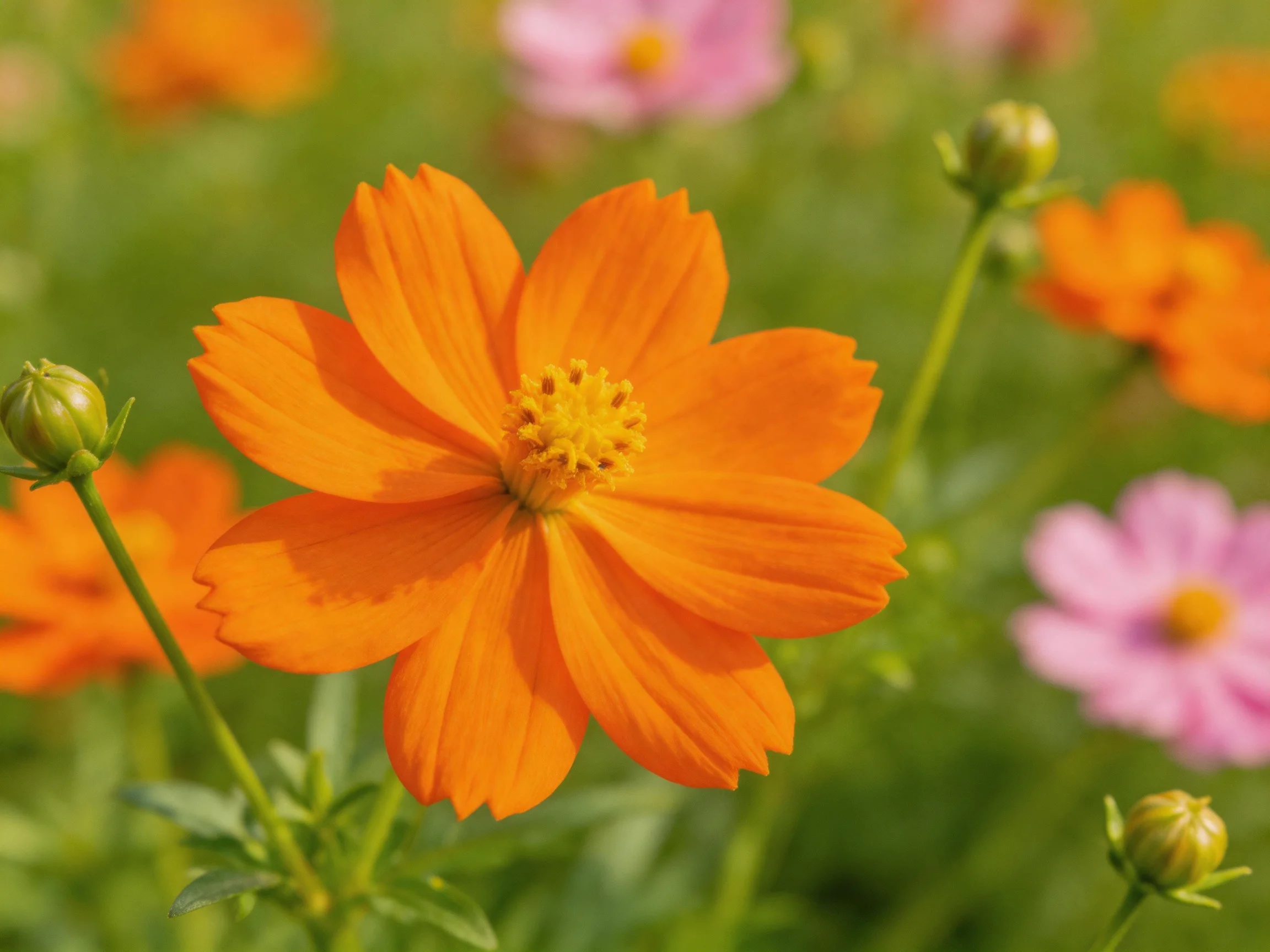 Vibrant orange cosmos flower with pink and green blooms in a sunlit garden