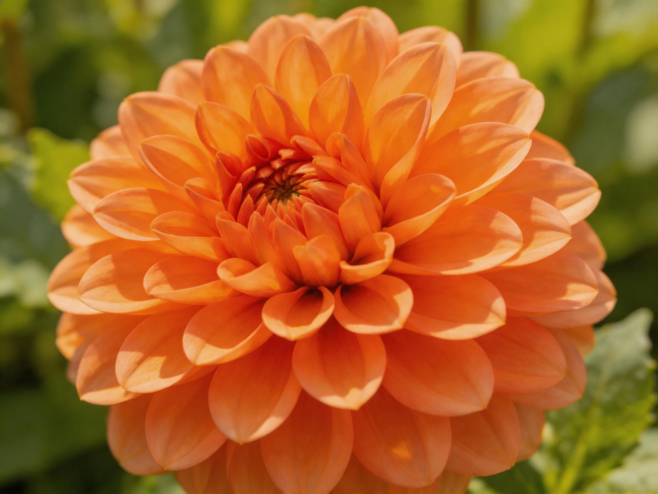 Vibrant orange dahlia with layered petals in sunlight