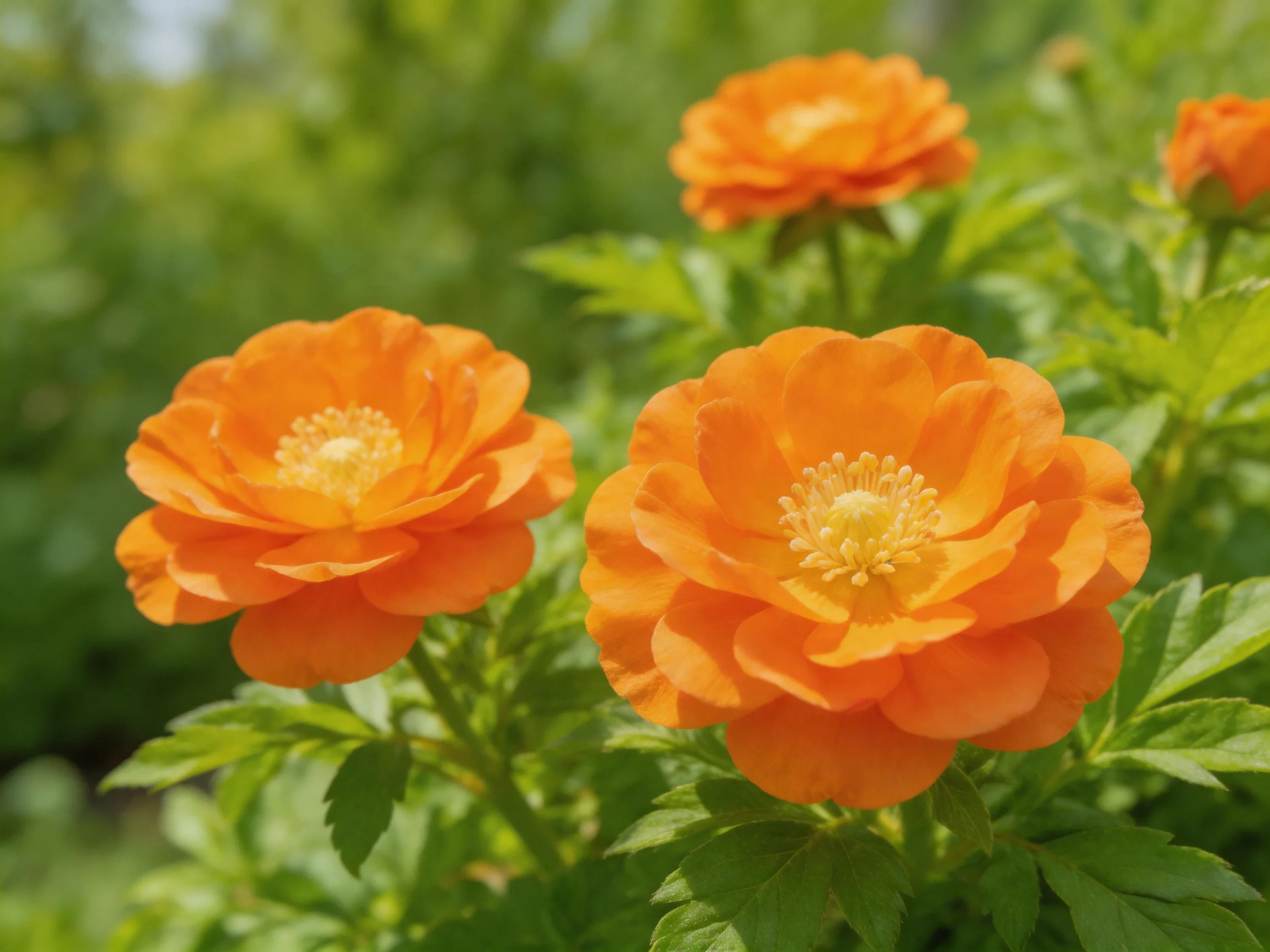 Vibrant orange flowers bloom among lush green foliage