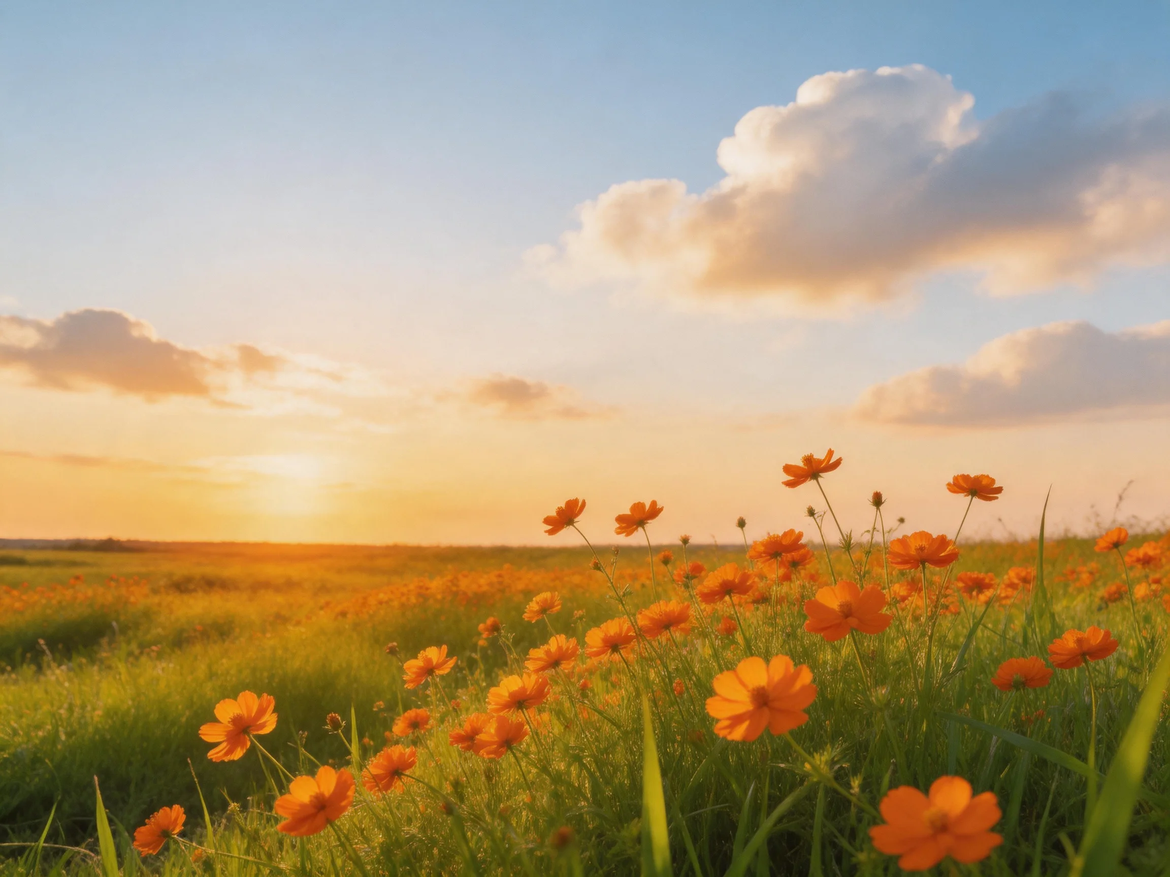 Vibrant orange flowers bloom in a lush green meadow under a golden sunset sky