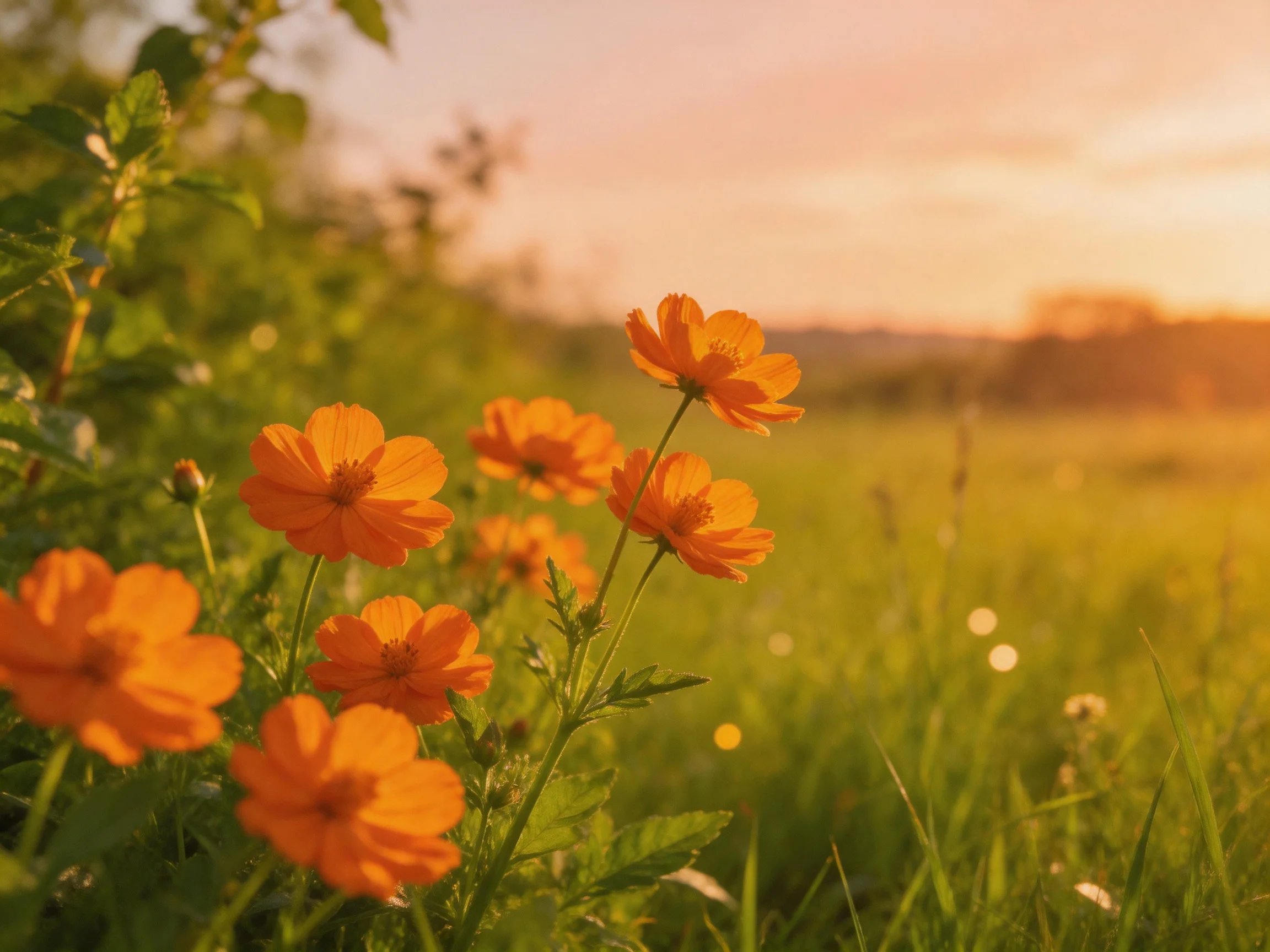 Vibrant orange flowers bloom in a sunlit meadow at dusk
