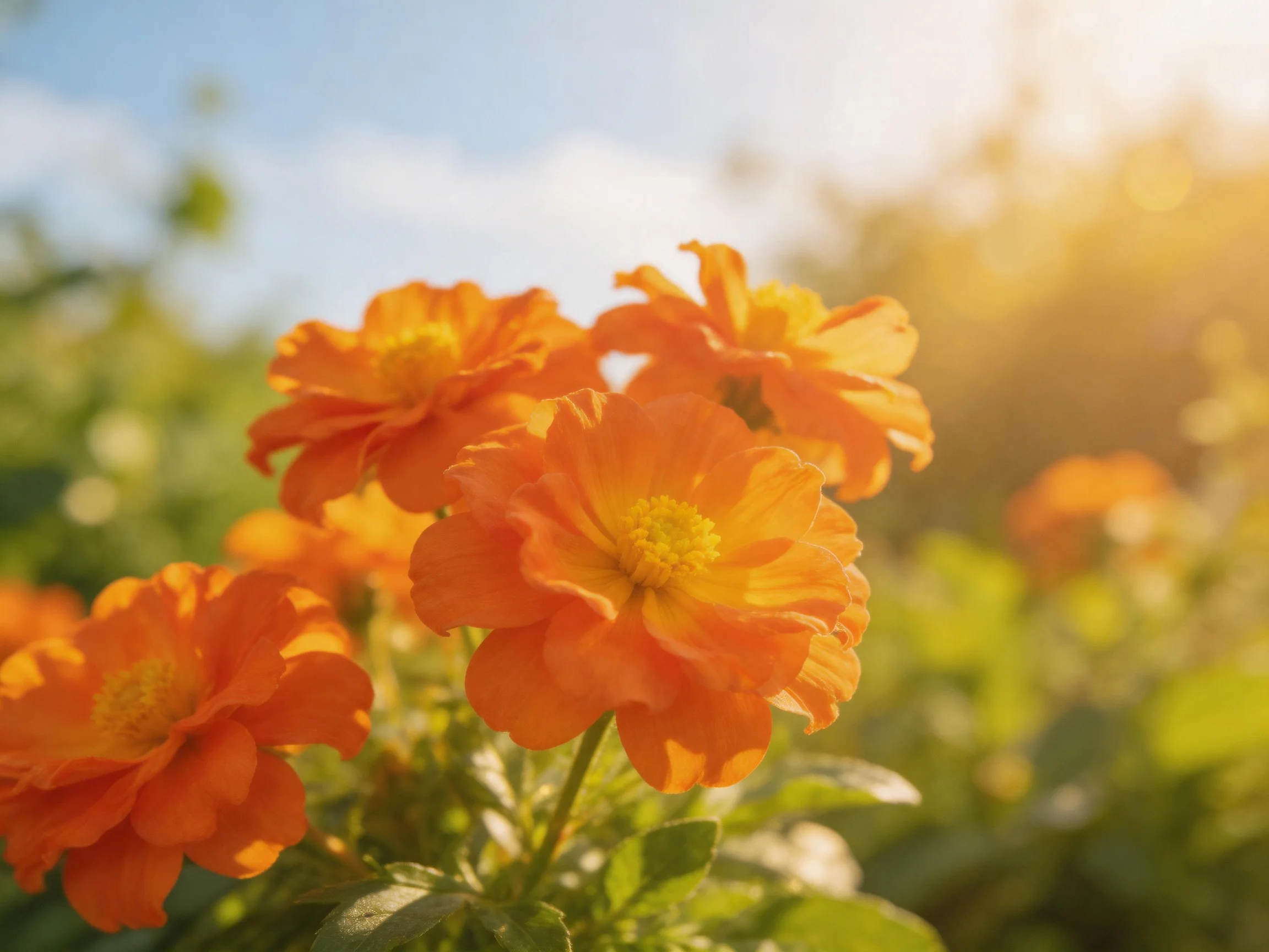 Vibrant orange flowers bloom under warm sunlight with green foliage