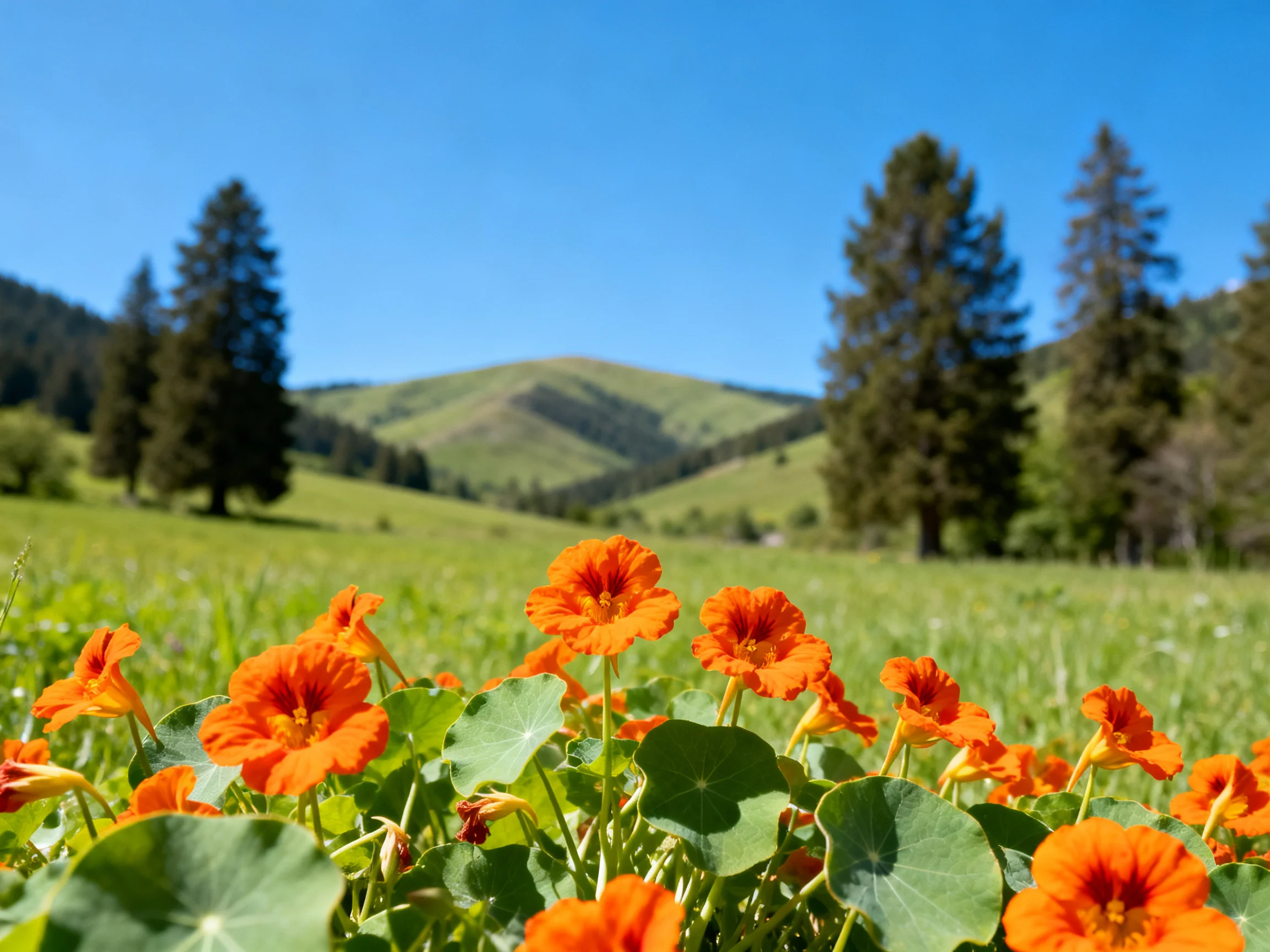 Vibrant orange flowers flourish in a verdant meadow with rolling hills
