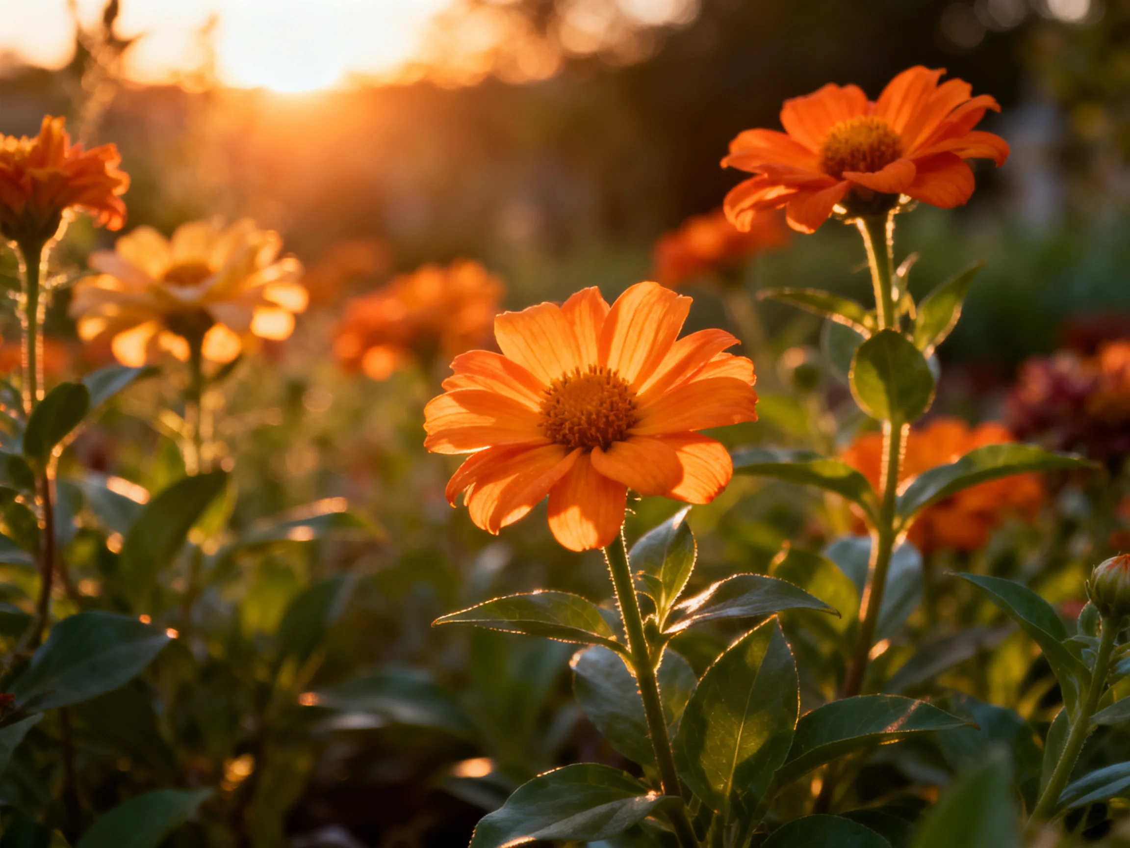 Vibrant orange flowers glow under golden sunset rays