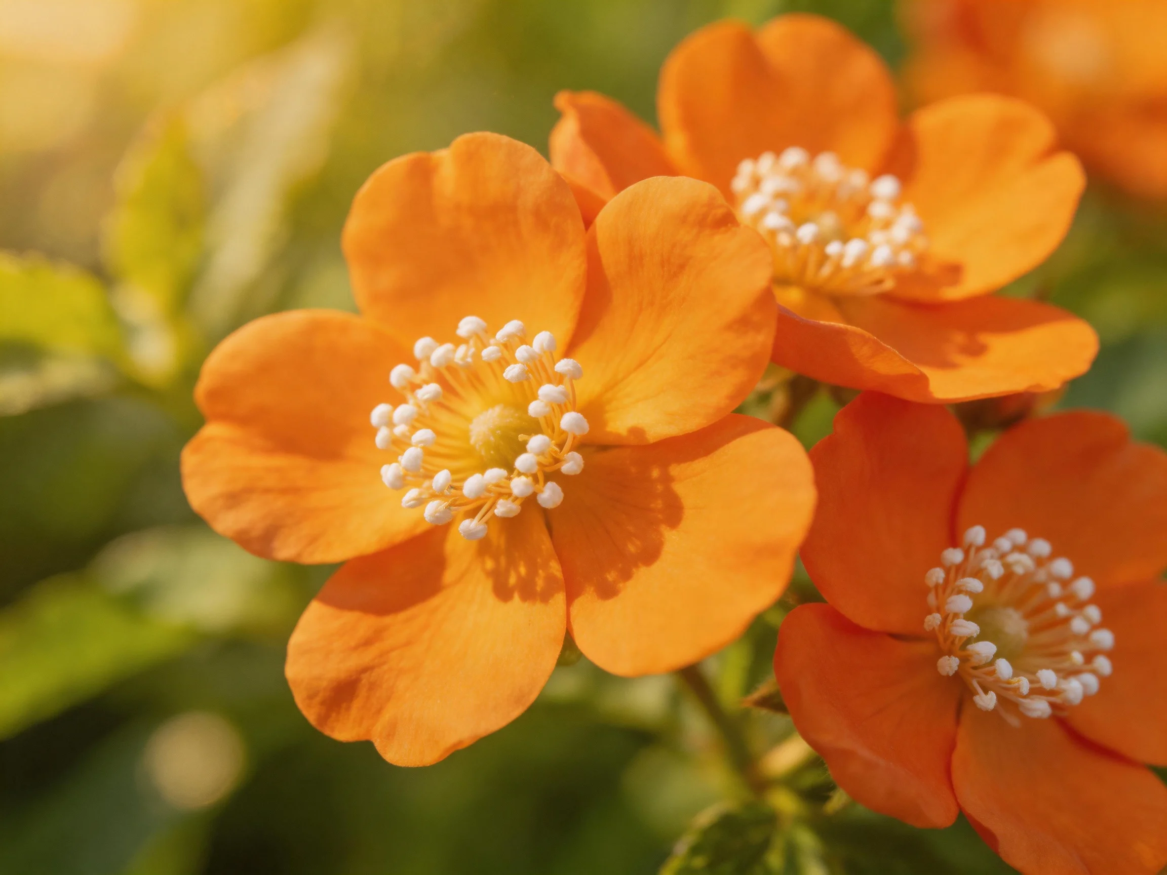 Vibrant orange flowers with white centers amidst green foliage
