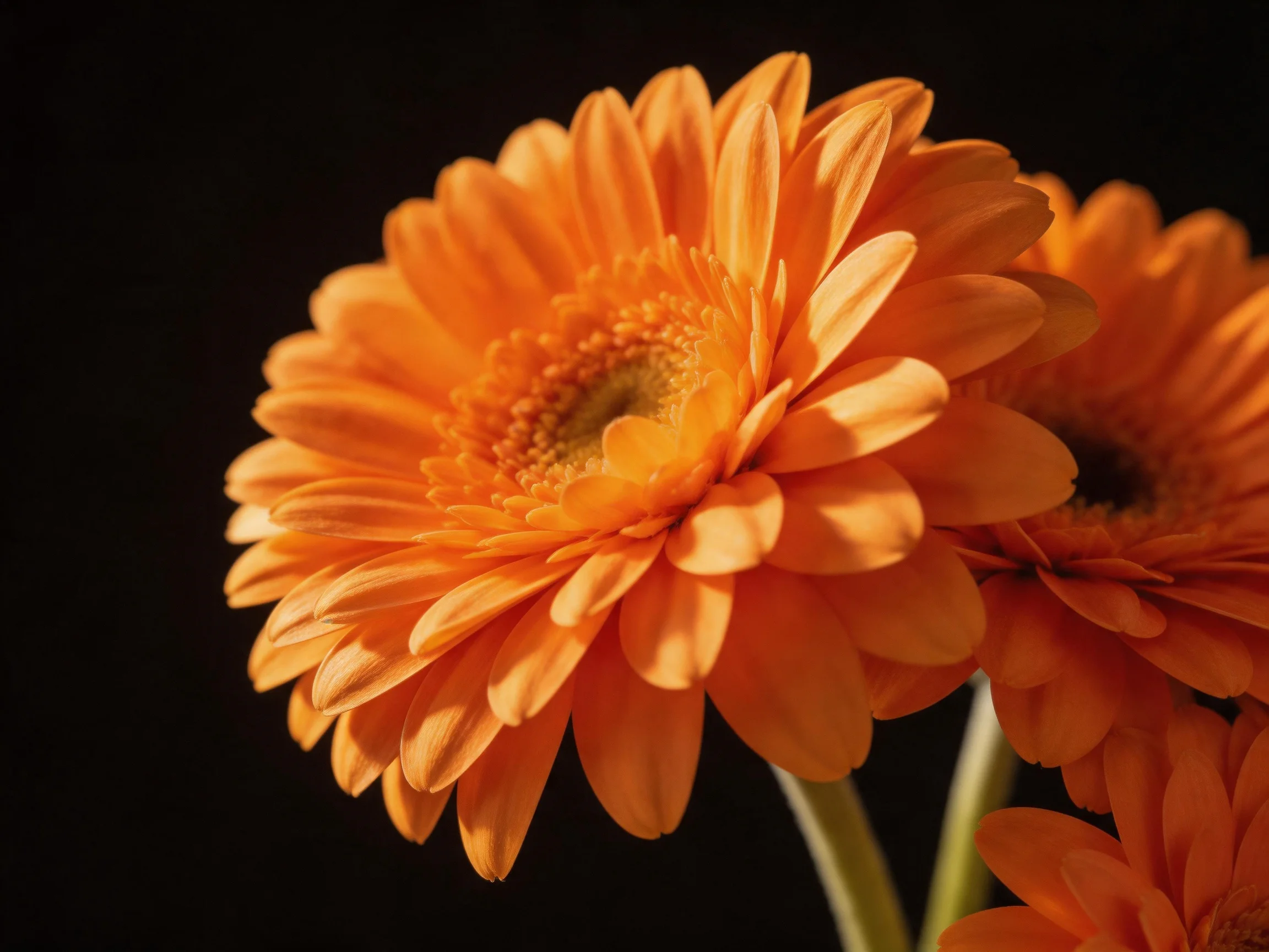 Vibrant orange gerbera daisies with layered petals on a dark backdrop