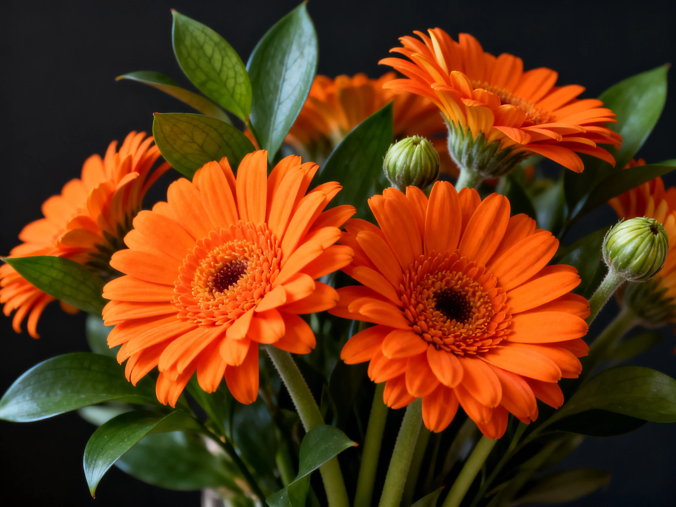 Vibrant orange gerbera daisies with lush green foliage