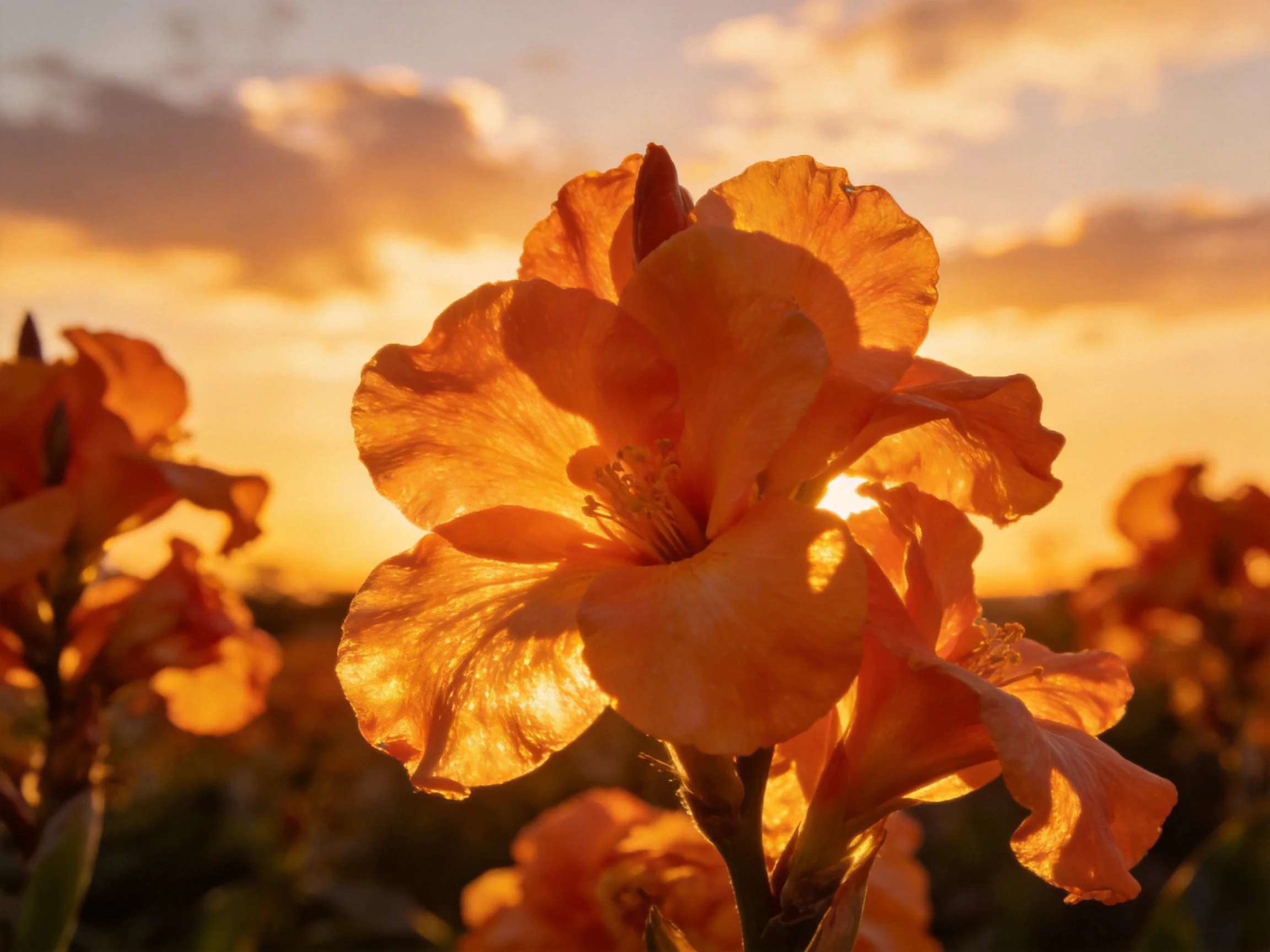 Vibrant orange gladiolus blooms backlit by golden sunset