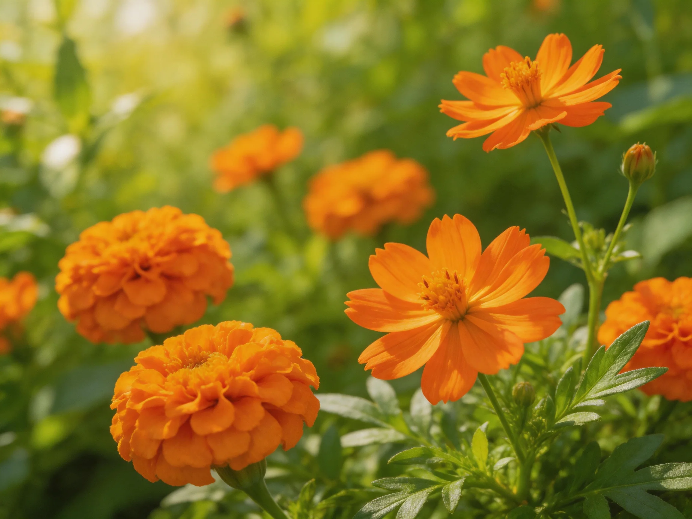 Vibrant orange marigolds and cosmos bloom amid lush green foliage