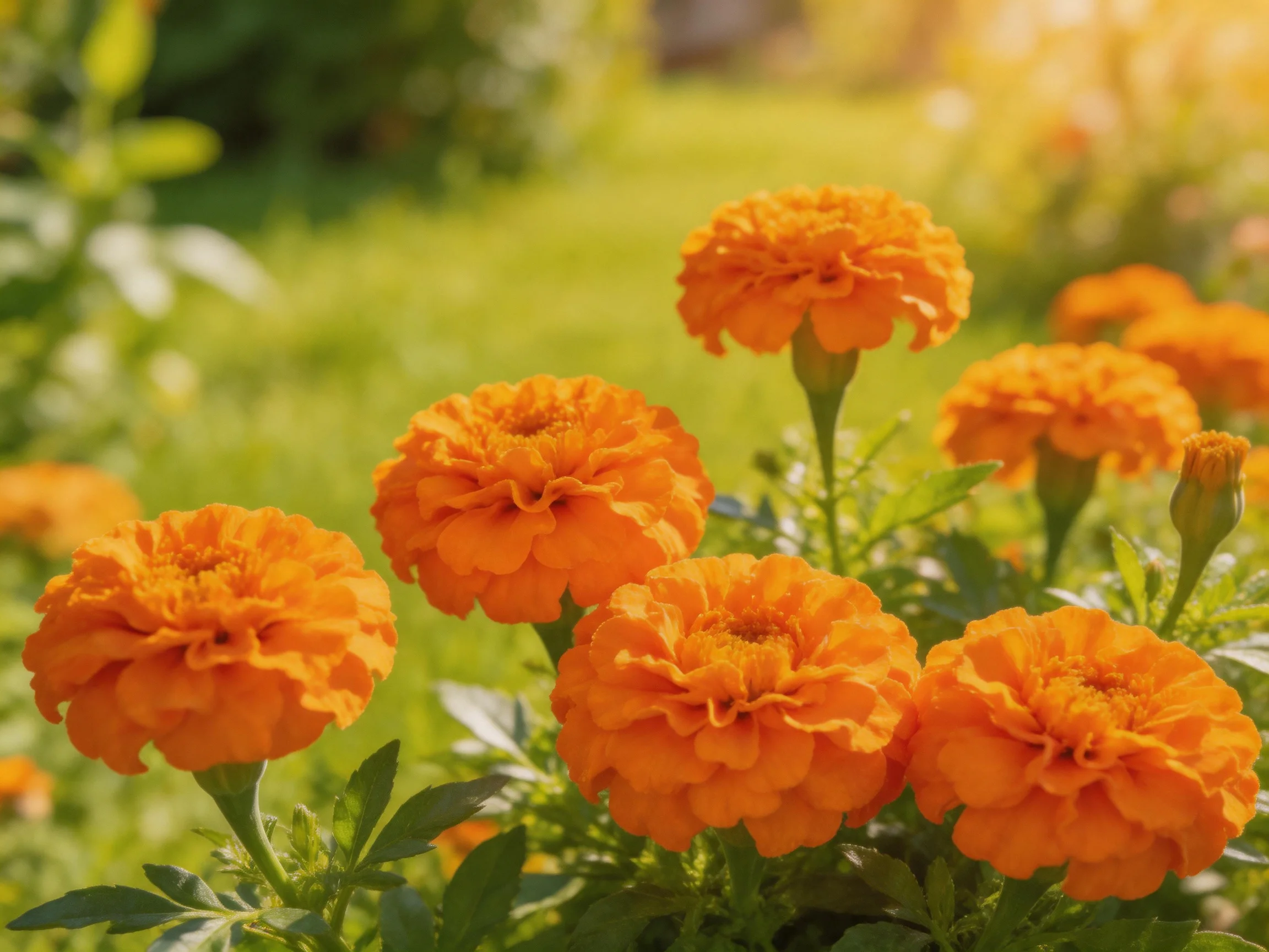 Vibrant orange marigolds bloom abundantly in a sunlit garden