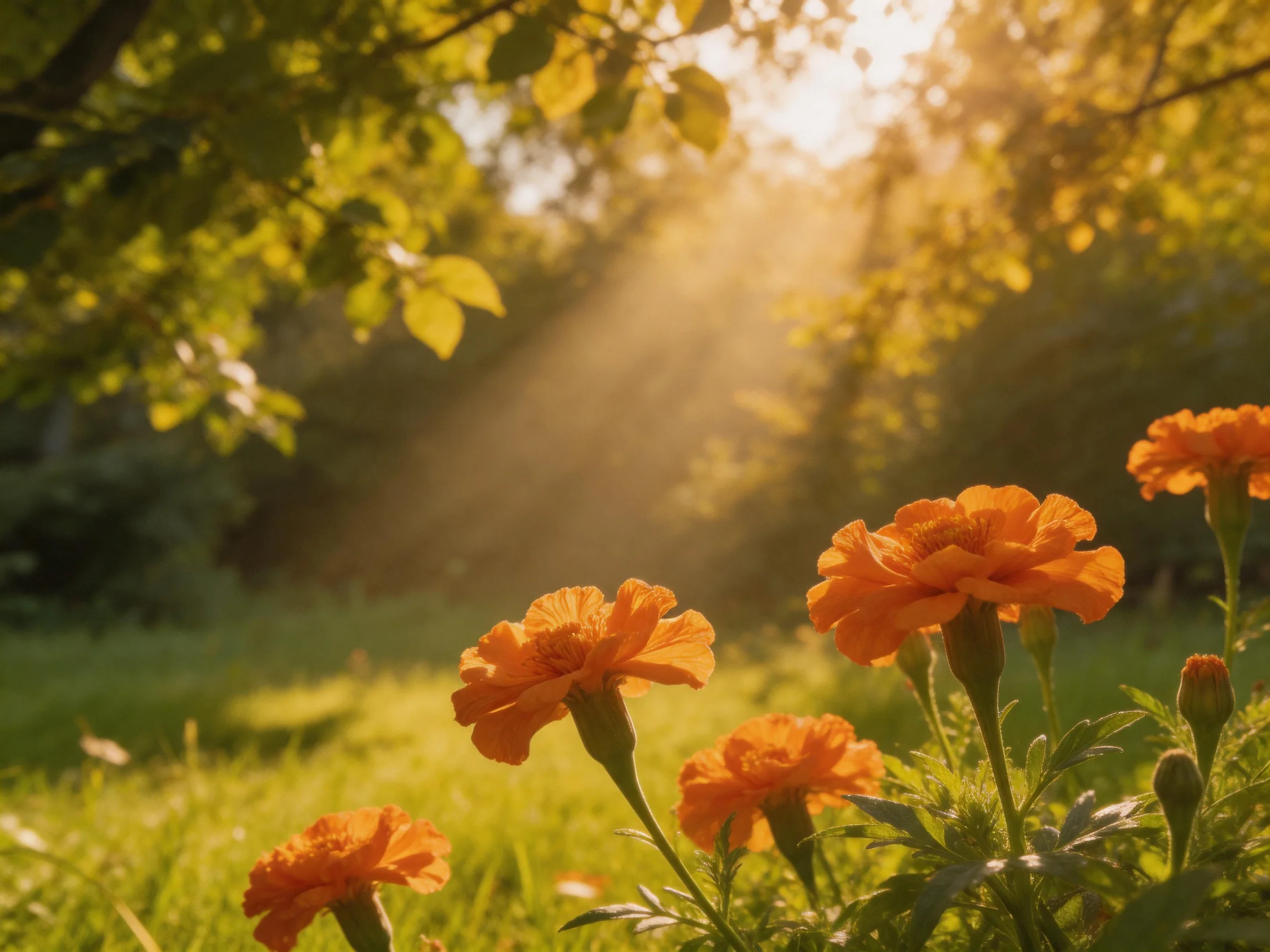Vibrant orange marigolds bloom among lush greenery under golden sunlight