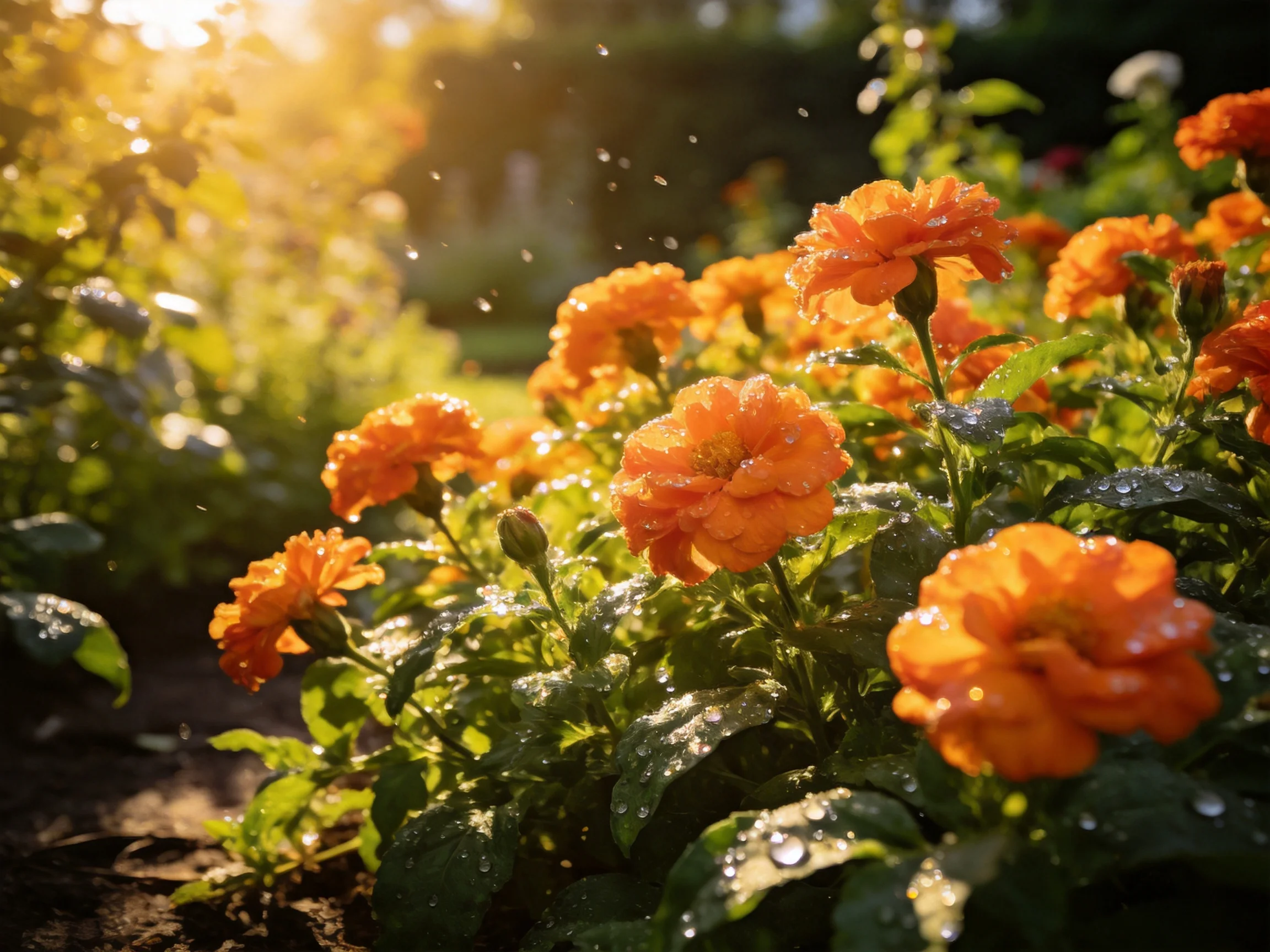 Vibrant orange marigolds bloom in a dewy garden bathed in golden sunlight