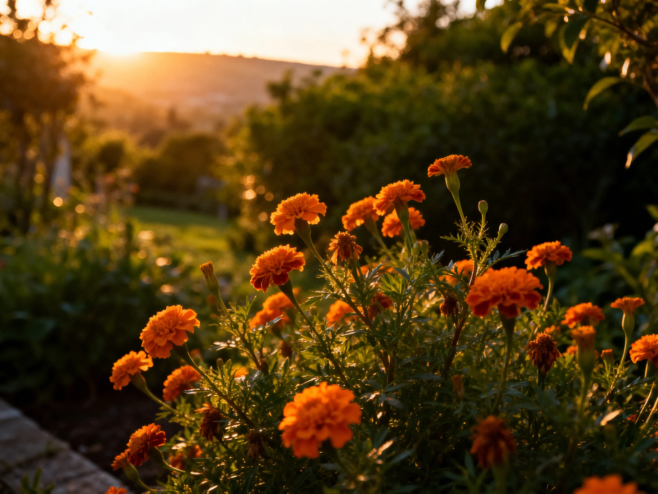 Vibrant orange marigolds bloom in a golden-hour garden