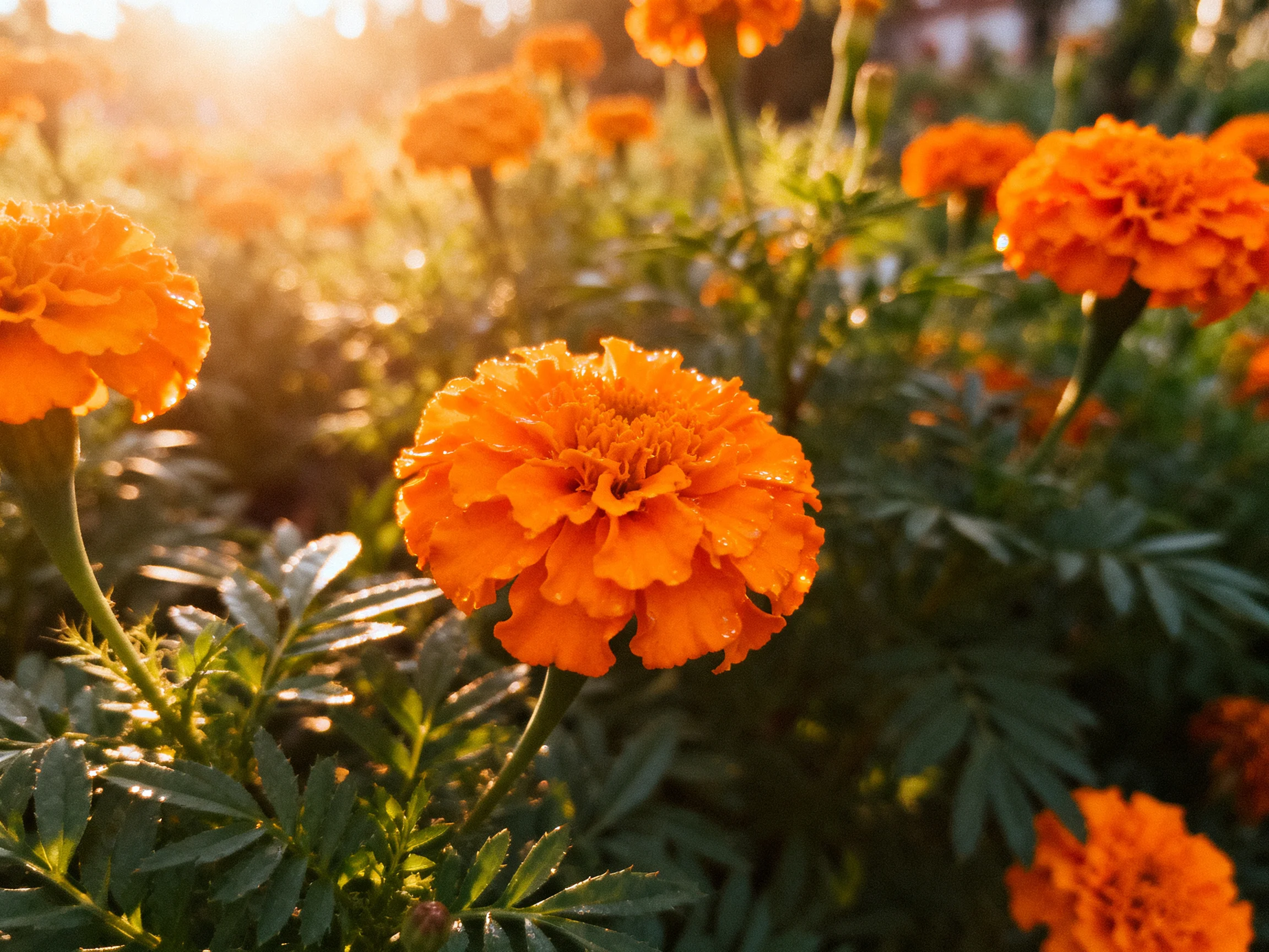 Vibrant orange marigolds bloom in a sun-drenched garden