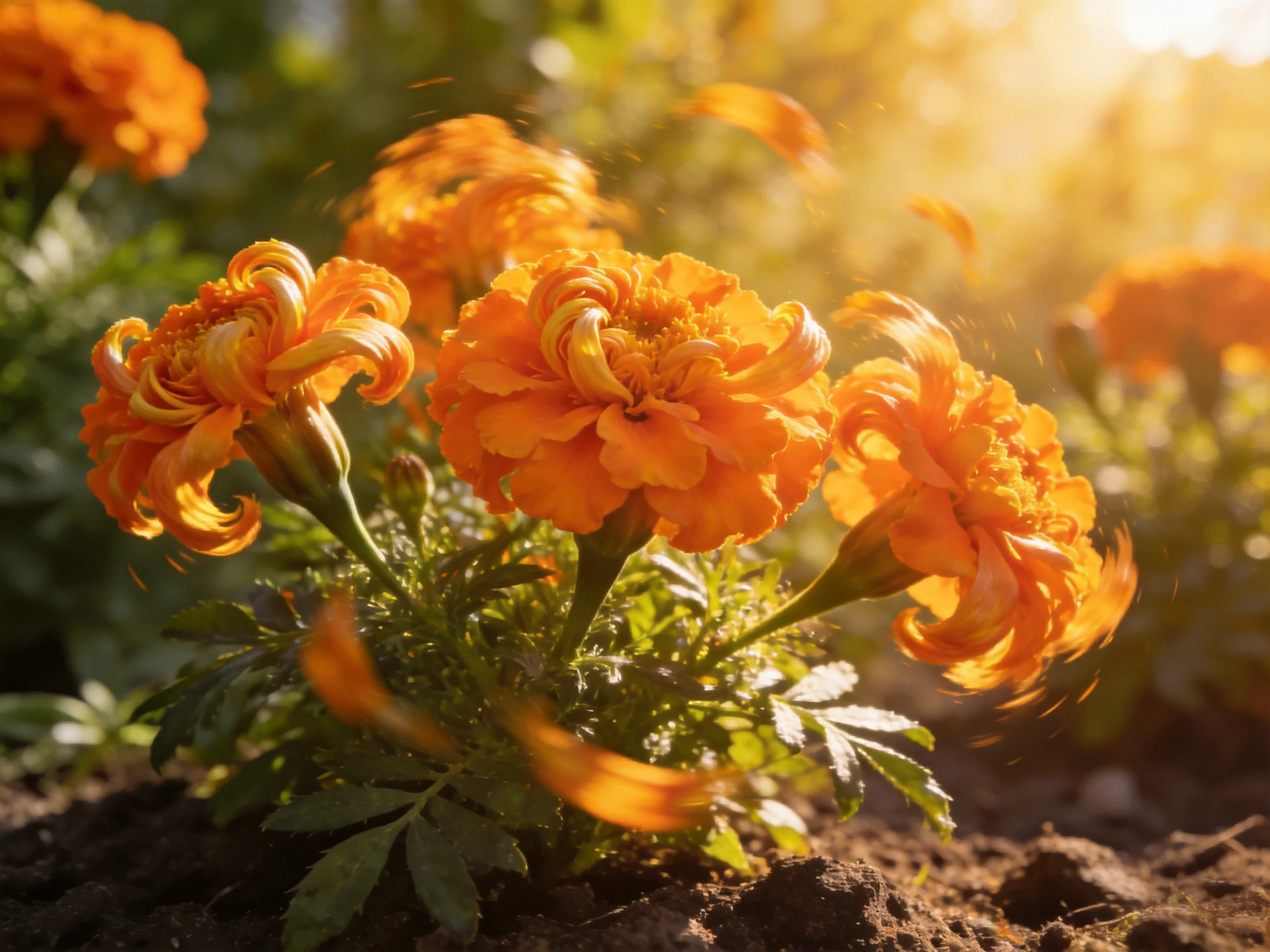 Vibrant orange marigolds bloom in a sun-drenched garden